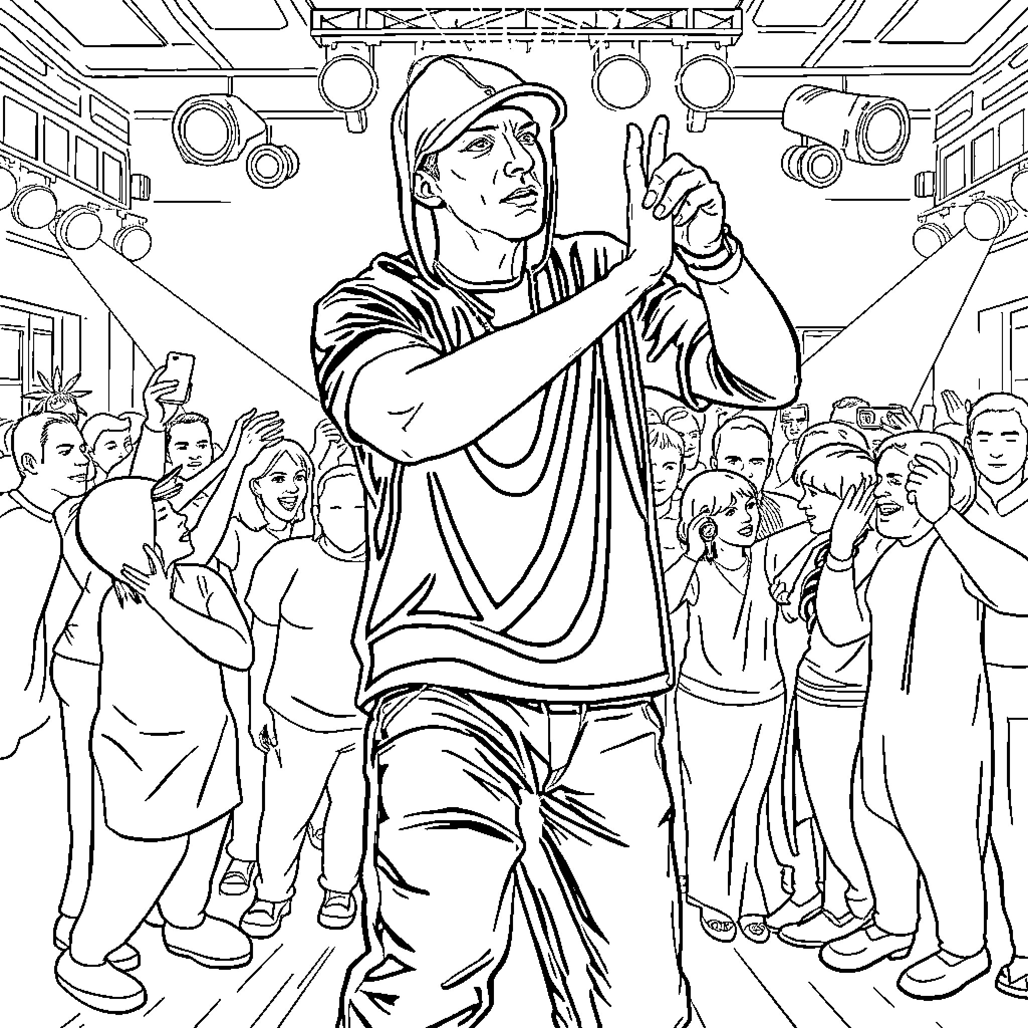 Eminem Performing on Stage with Crowd Coloring Page (free black-and-white line drawing printable PDF for all, from beginners to advanced learners, including children, teens, adults, and seniors)