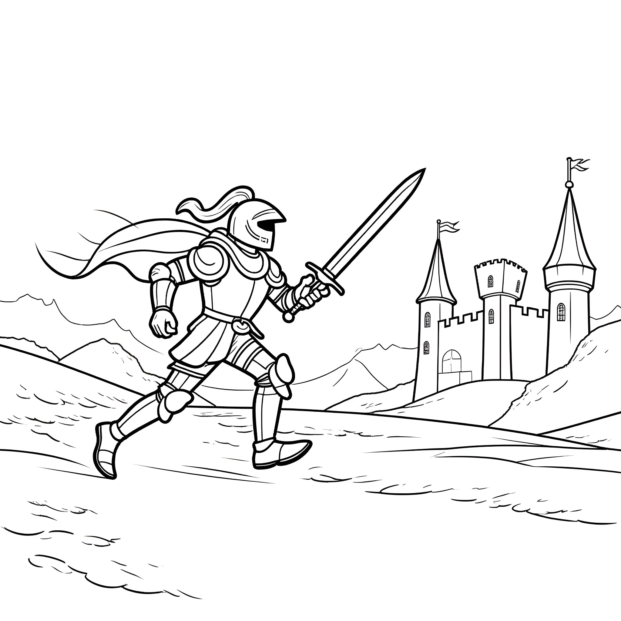 Knight charging towards the castle with sword drawn Coloring Page (free black-and-white line drawing printable PDF for all, from beginners to advanced learners, including children, teens, adults, and seniors)