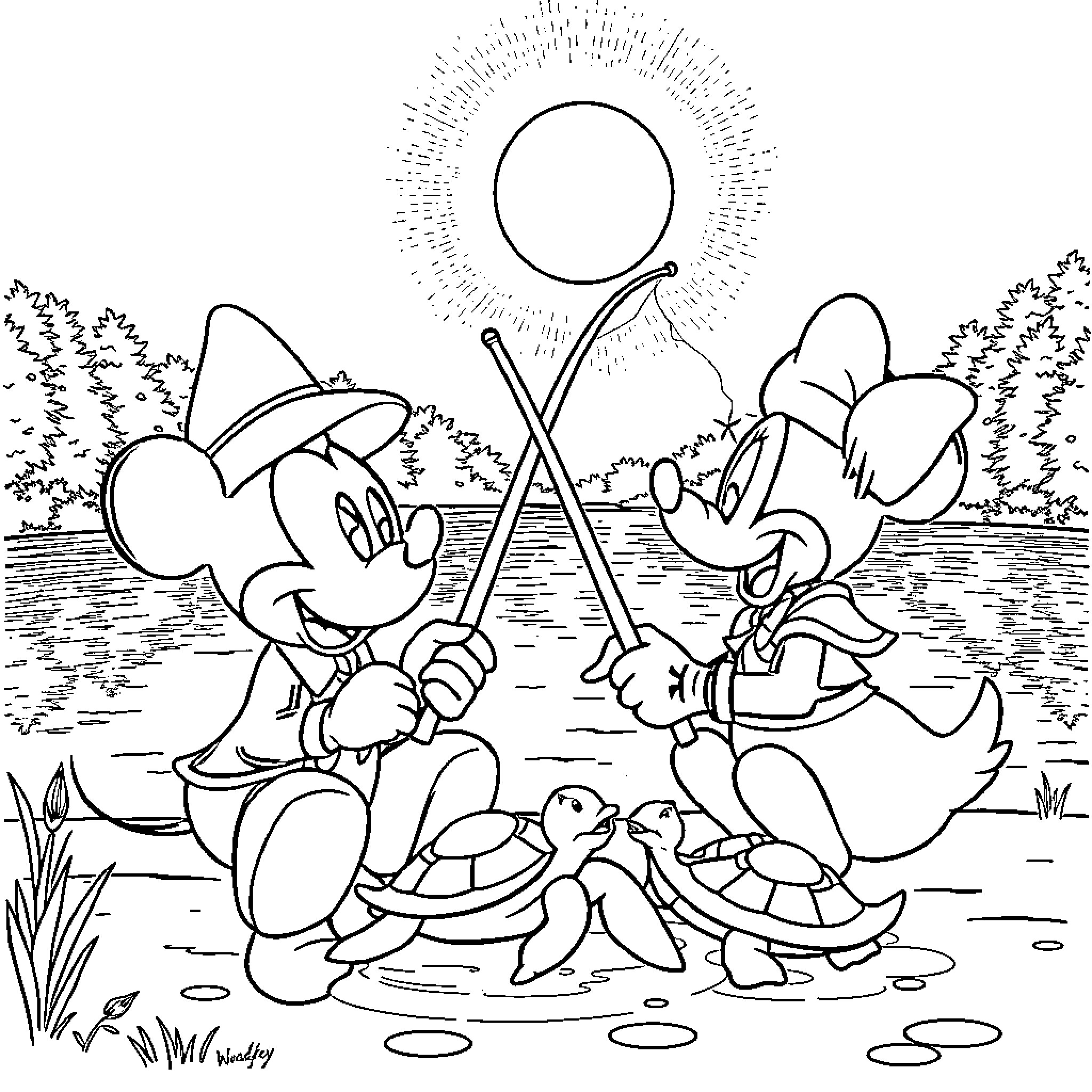 Mickey Mouse and Minnie Mouse camping in the forest Coloring Page (free black-and-white line drawing printable PDF for all, from beginners to advanced learners, including children, teens, adults, and seniors)
