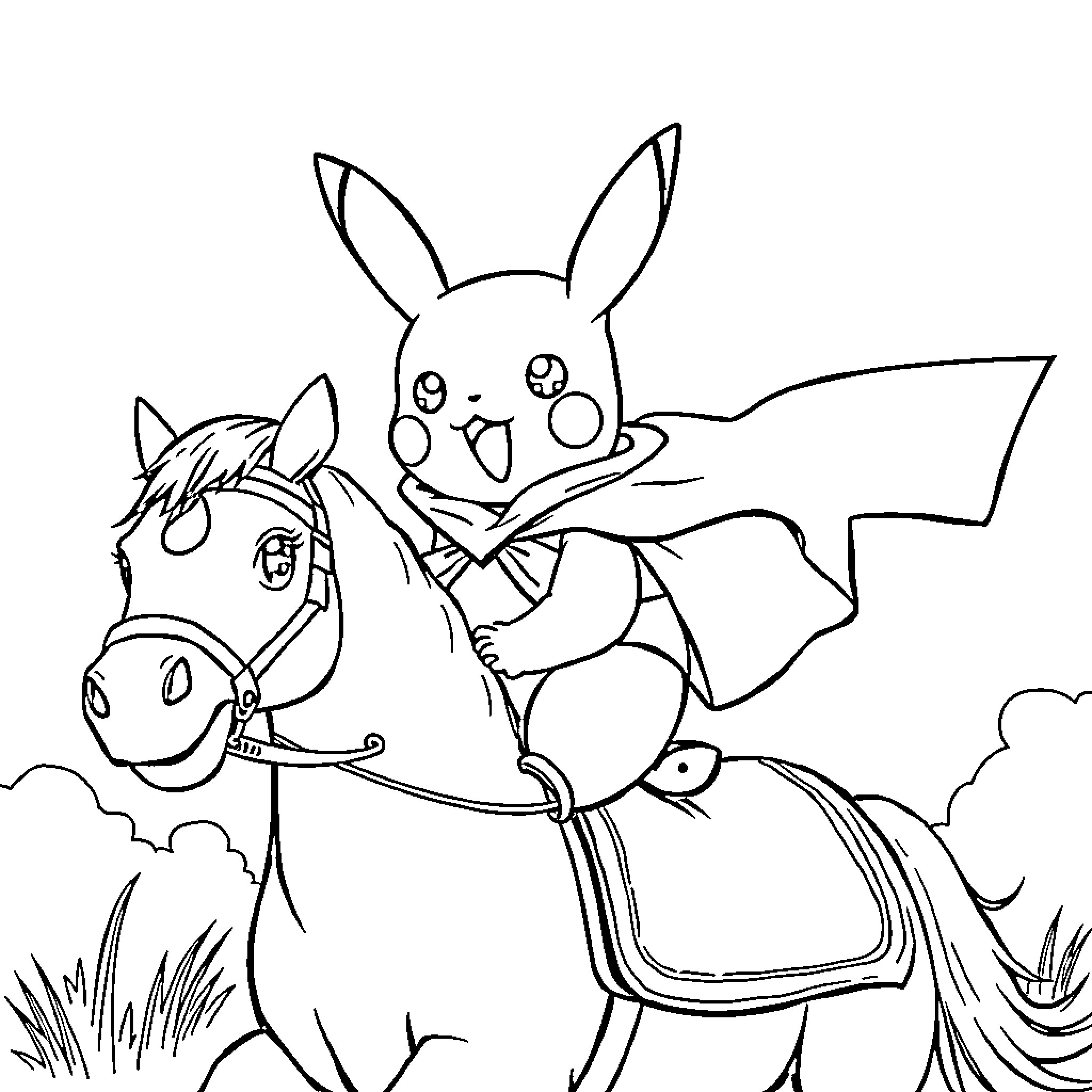 Pikachu riding a horse with a playful expression Coloring Page (free black-and-white line drawing printable PDF for all, from beginners to advanced learners, including children, teens, adults, and seniors)