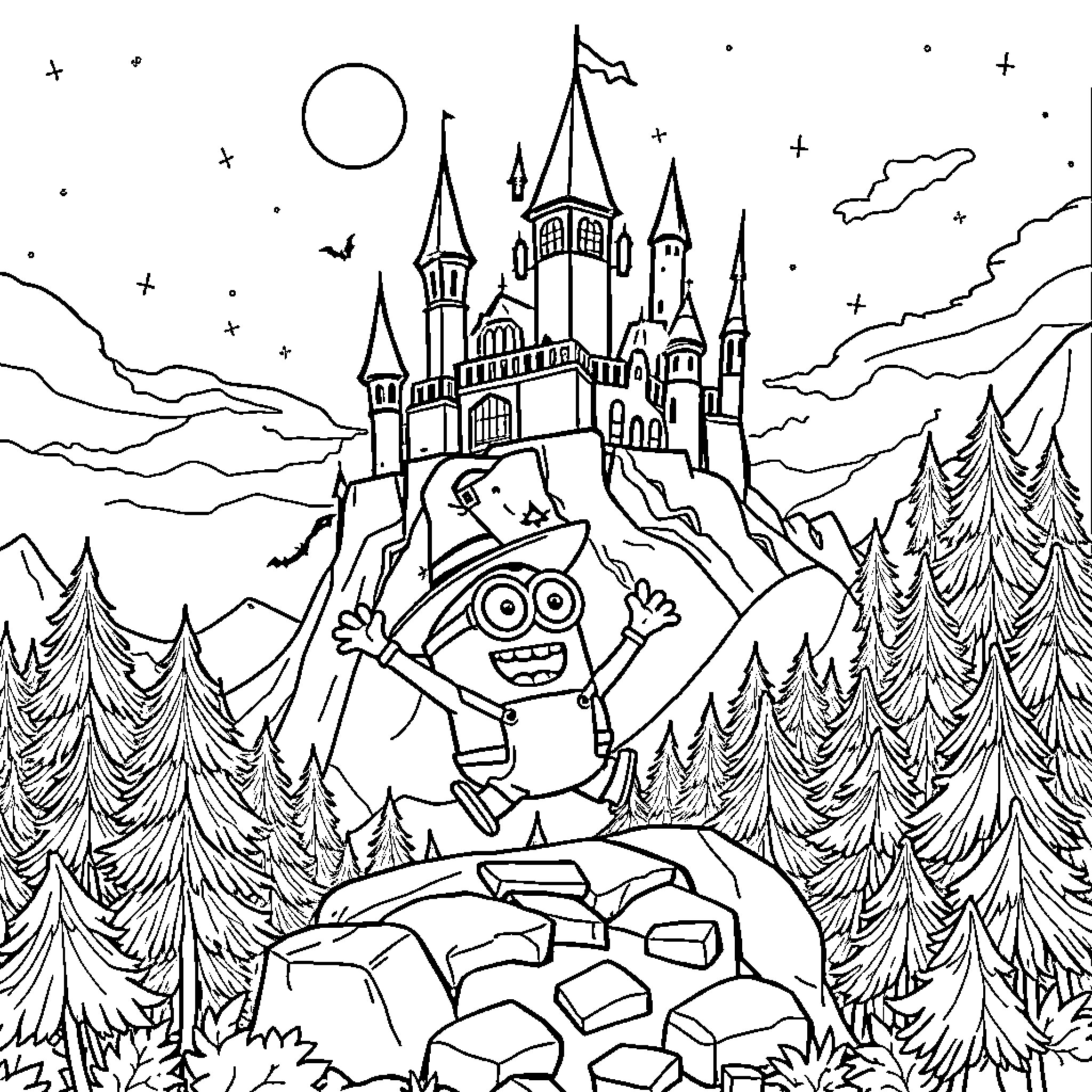 Minion exploring a magical castle in the woods Coloring Page (free black-and-white line drawing printable PDF for all, from beginners to advanced learners, including children, teens, adults, and seniors)
