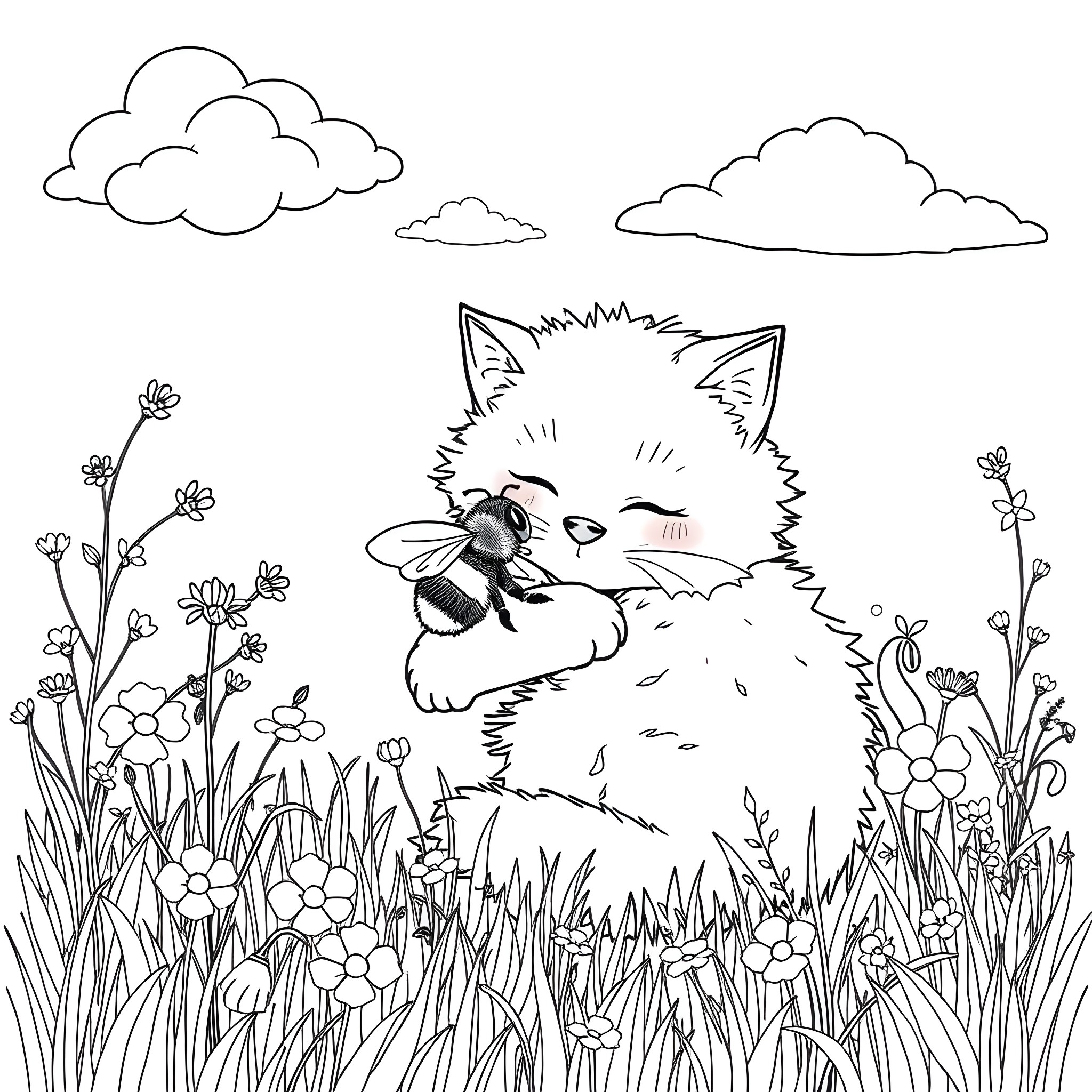 Bee Exploring the Lush Meadow Coloring Page (free black-and-white line drawing printable PDF for all, from beginners to advanced learners, including children, teens, adults, and seniors)