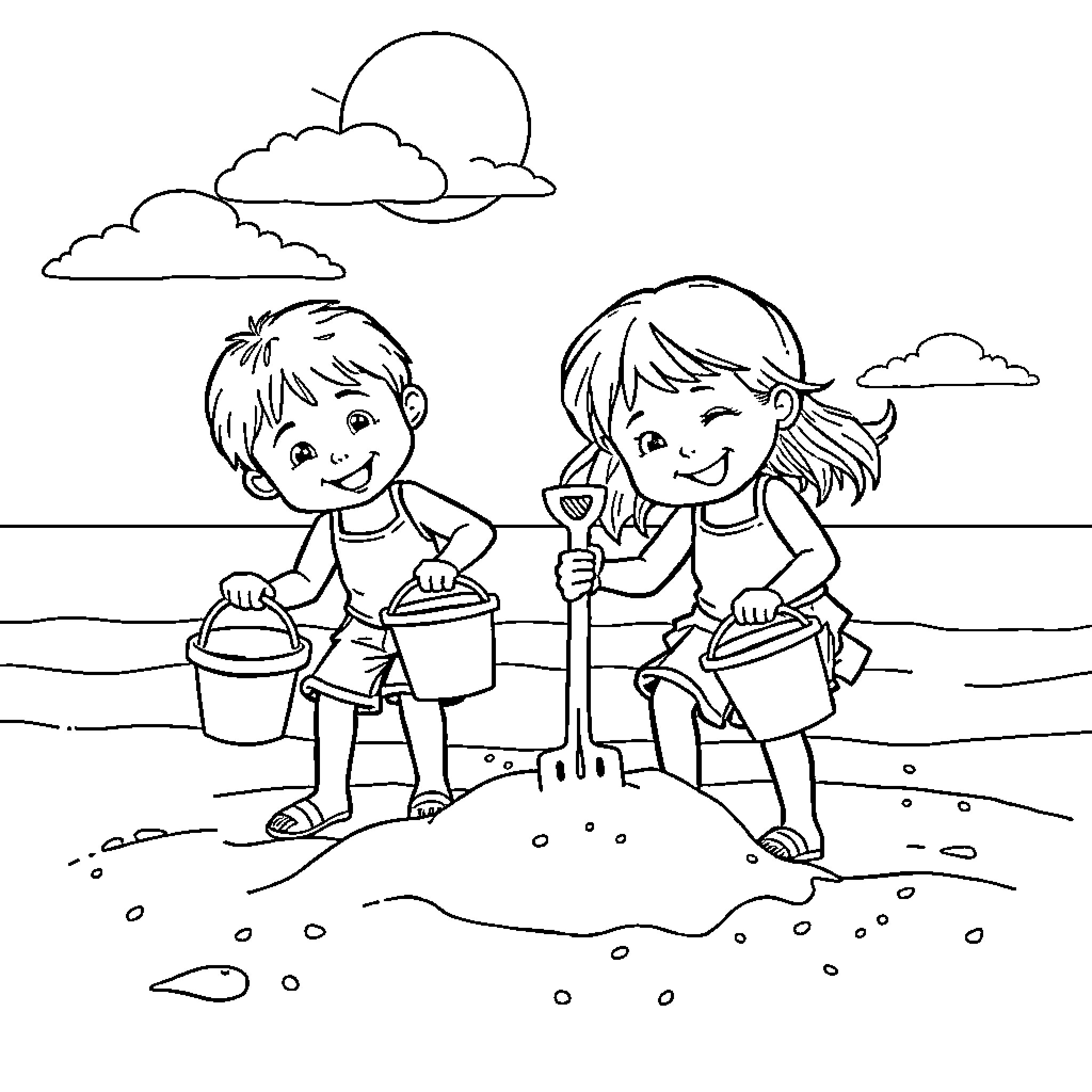 Child playing happily in the sand with a friend Coloring Page (free black-and-white line drawing printable PDF for all, from beginners to advanced learners, including children, teens, adults, and seniors)
