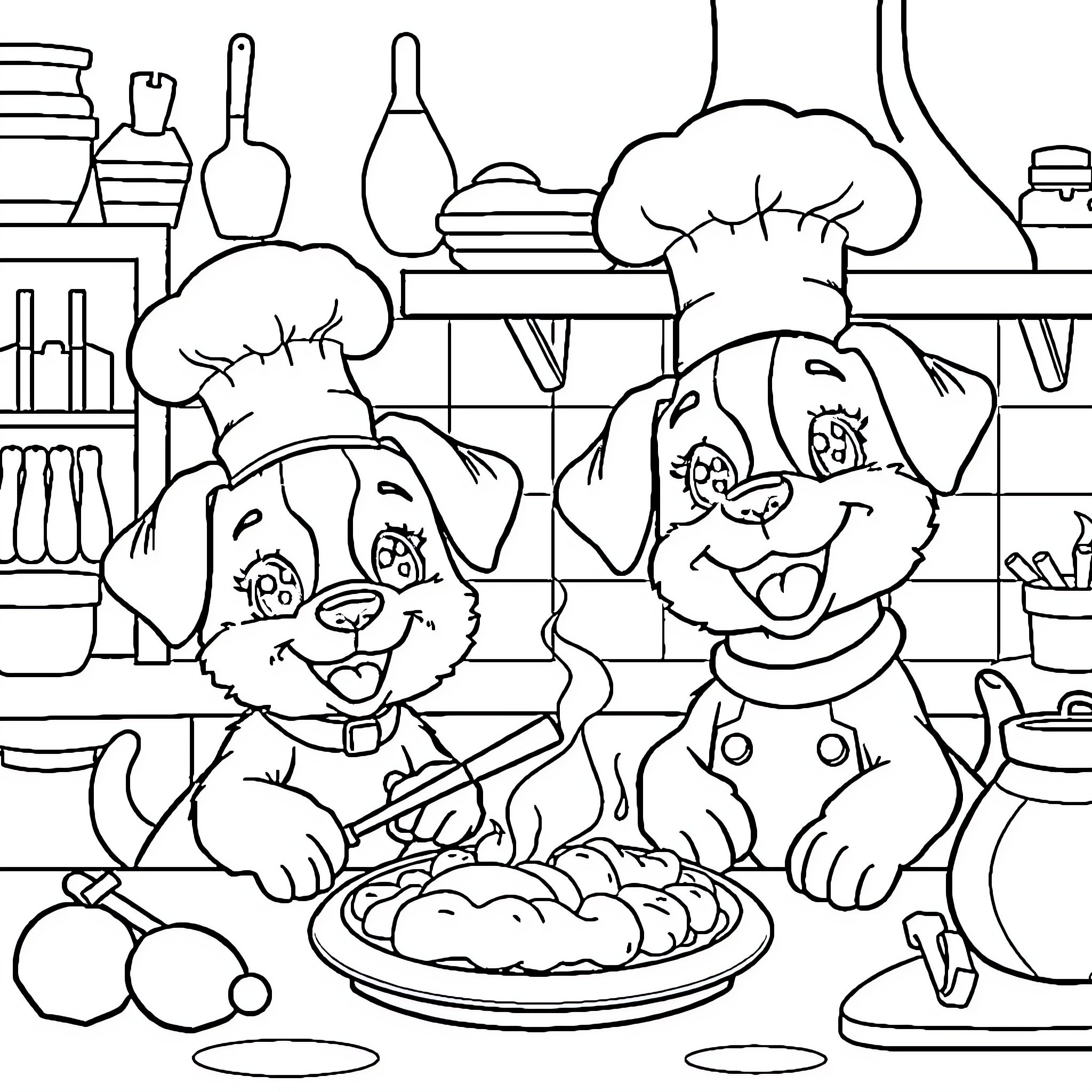 Puppy cooks in a kitchen with utensils Coloring Page (free black-and-white line drawing printable PDF for all, from beginners to advanced learners, including children, teens, adults, and seniors)