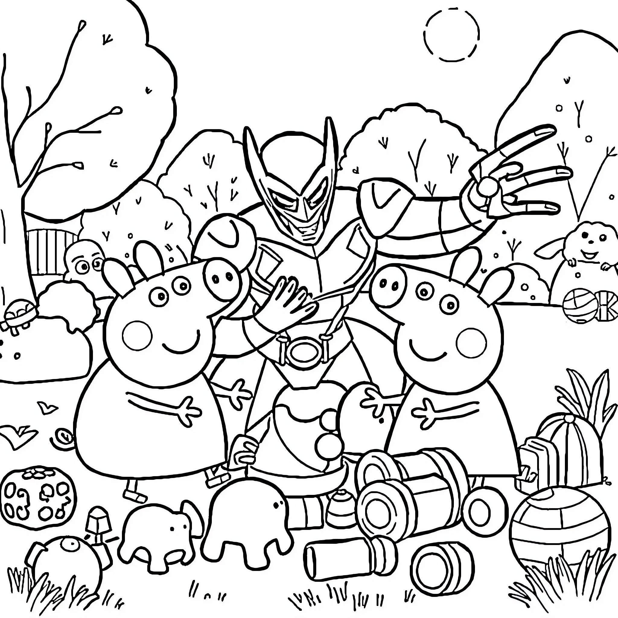 Pepper Pig meets friendly superhero in nature Coloring Page (free black-and-white line drawing printable PDF for all, from beginners to advanced learners, including children, teens, adults, and seniors)