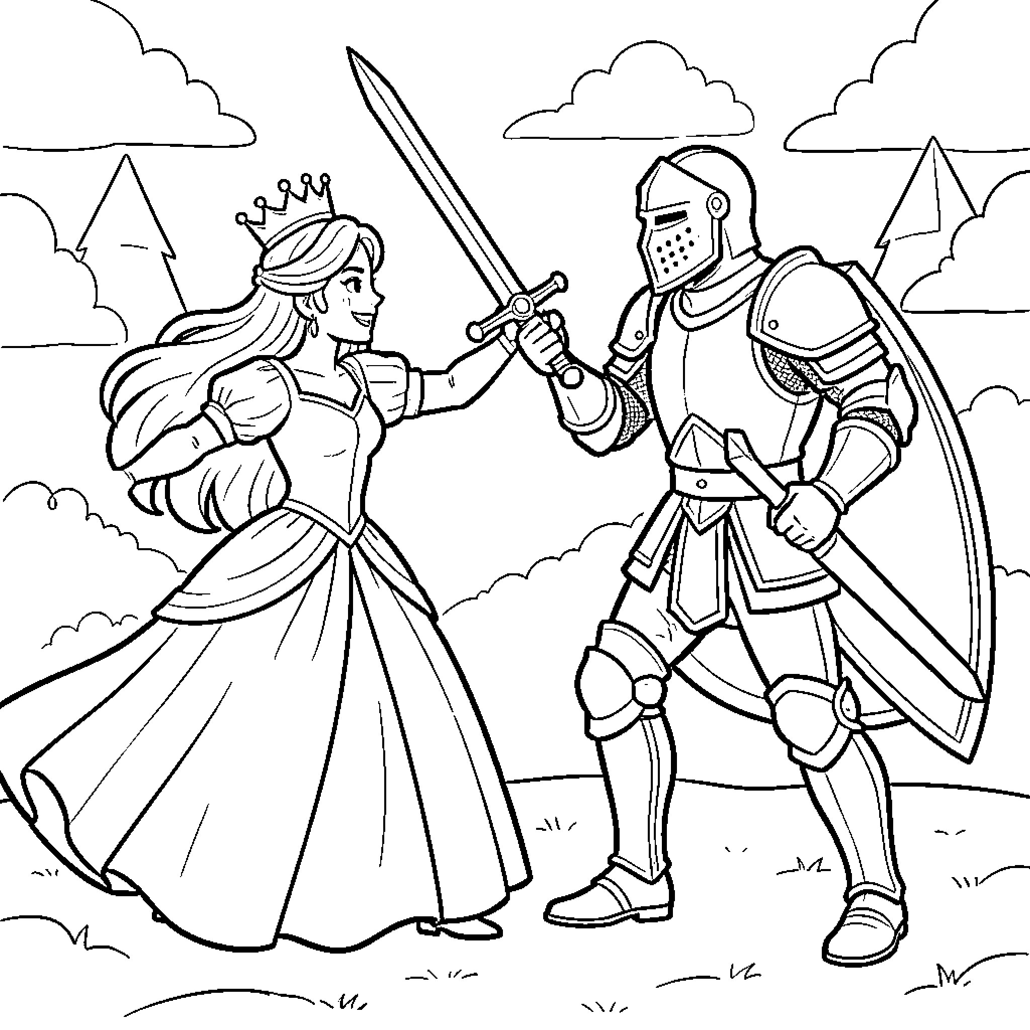 Princess confronting the Knight in the field Coloring Page (free black-and-white line drawing printable PDF for all, from beginners to advanced learners, including children, teens, adults, and seniors)