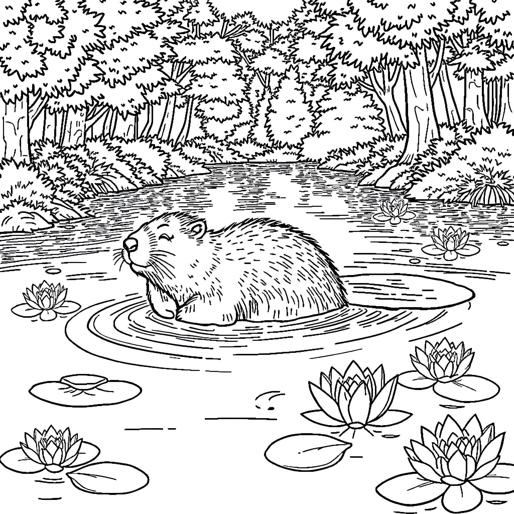 Beaver swimming in a serene forest pond Coloring Page (free black-and-white line drawing printable PDF for all, from beginners to advanced learners, including children, teens, adults, and seniors)