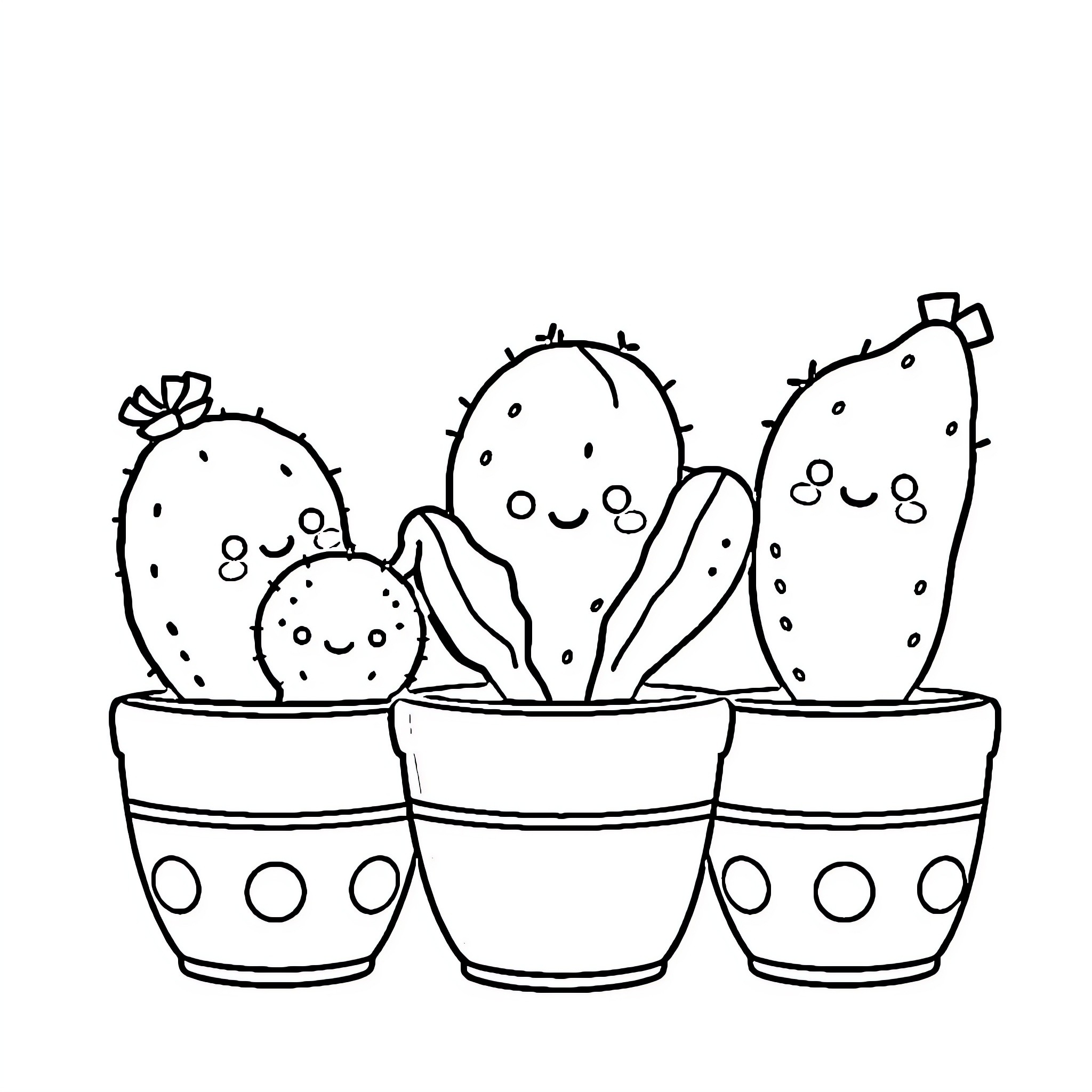 Cactus friends in pots Coloring Page (free black-and-white line drawing printable PDF for all, from beginners to advanced learners, including children, teens, adults, and seniors)