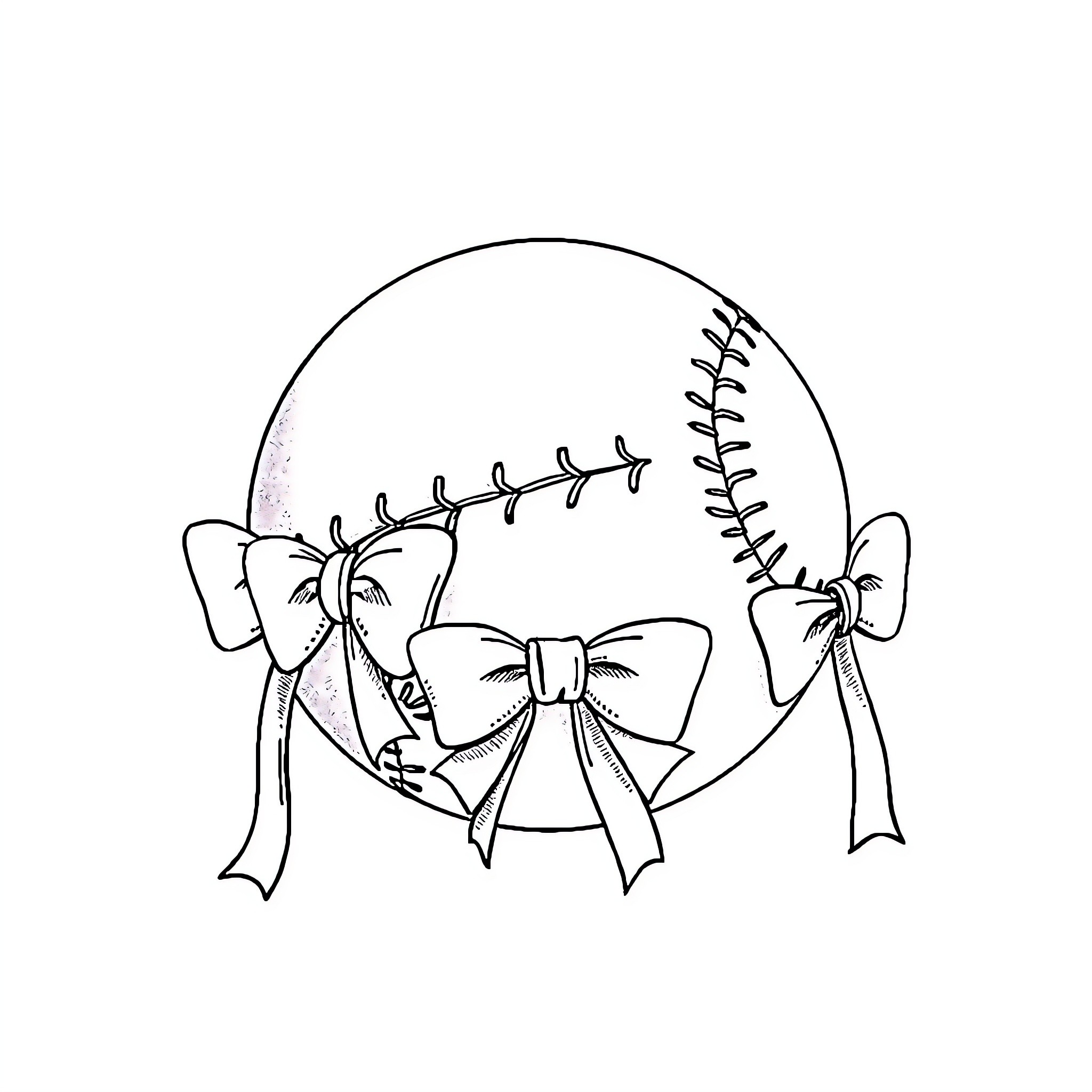 Softball with Decorative Bows and Laces Coloring Page (free black-and-white line drawing printable PDF for all, from beginners to advanced learners, including children, teens, adults, and seniors)