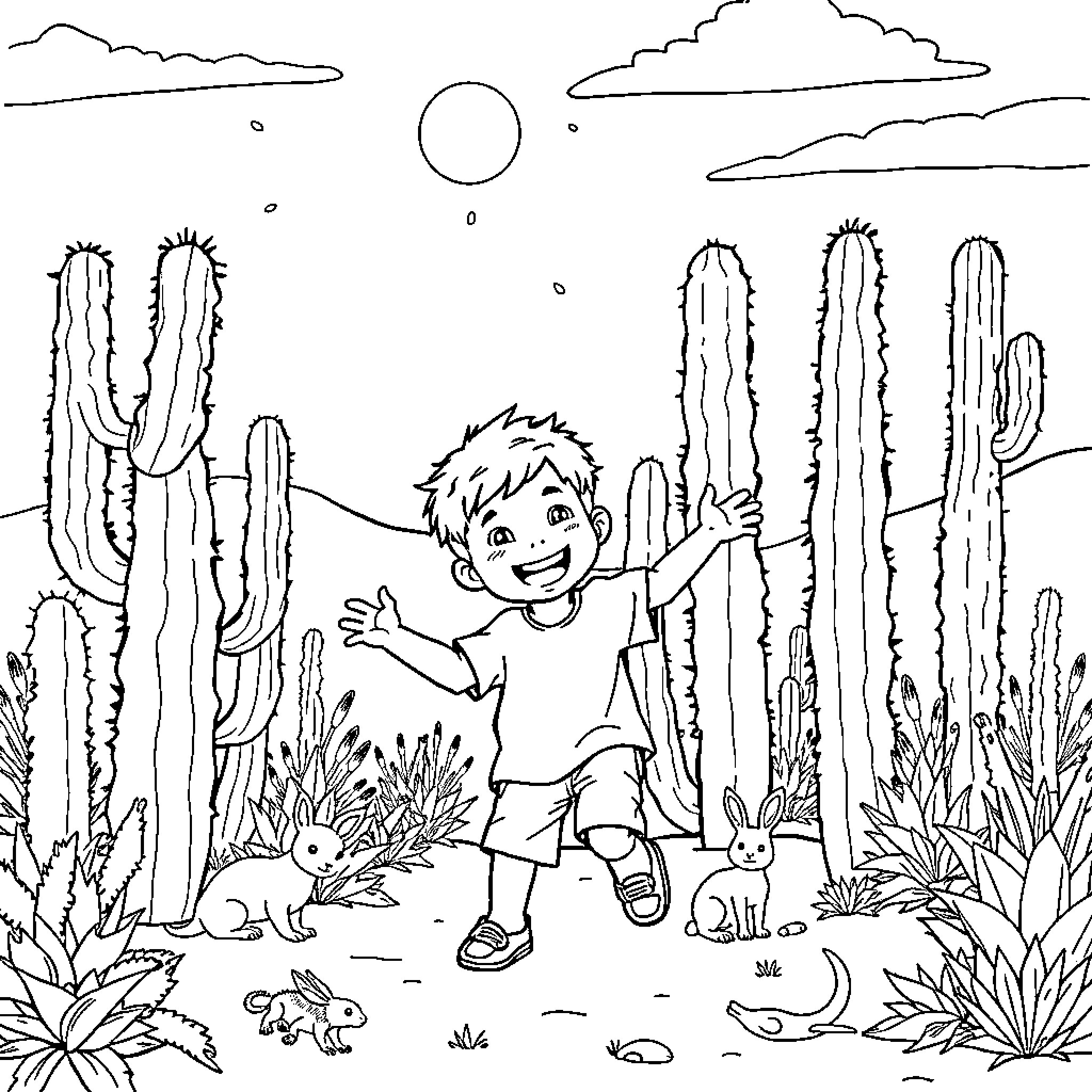 Boy playing happily in the desert landscape Coloring Page (free black-and-white line drawing printable PDF for all, from beginners to advanced learners, including children, teens, adults, and seniors)