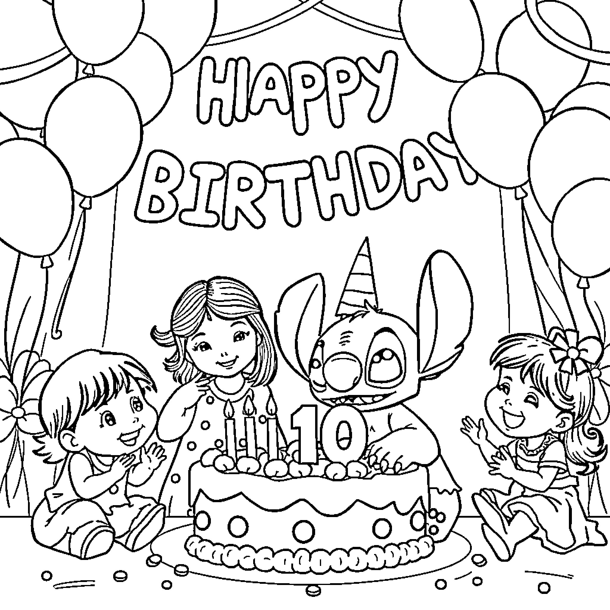 Lilo celebrating a happy birthday with friends Coloring Page (free black-and-white line drawing printable PDF for all, from beginners to advanced learners, including children, teens, adults, and seniors)