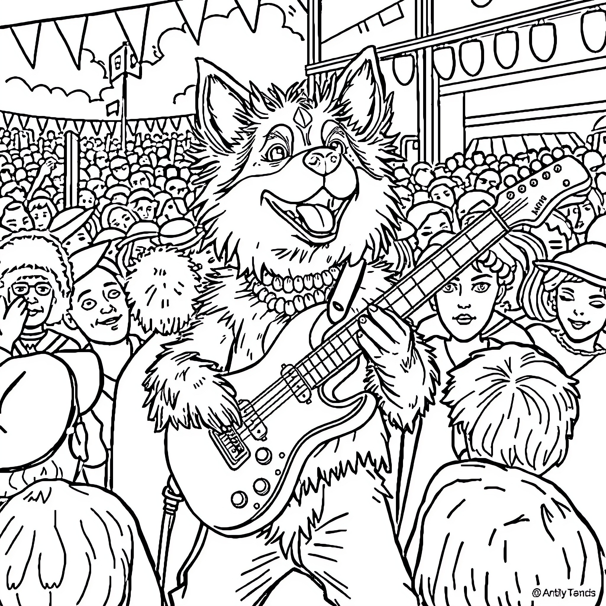 Bluey Rocks the Festival Crowd Coloring Page (free black-and-white line drawing printable PDF for all, from beginners to advanced learners, including children, teens, adults, and seniors)