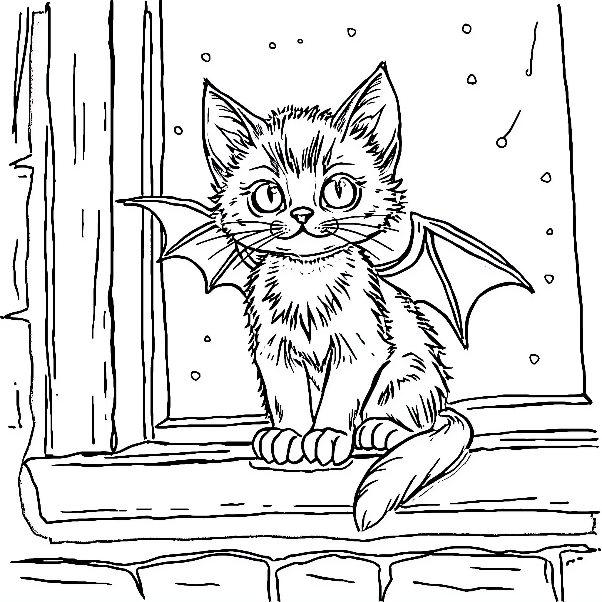 Kitten with bat wings sitting on a ledge Coloring Page (free black-and-white line drawing printable PDF for all, from beginners to advanced learners, including children, teens, adults, and seniors)
