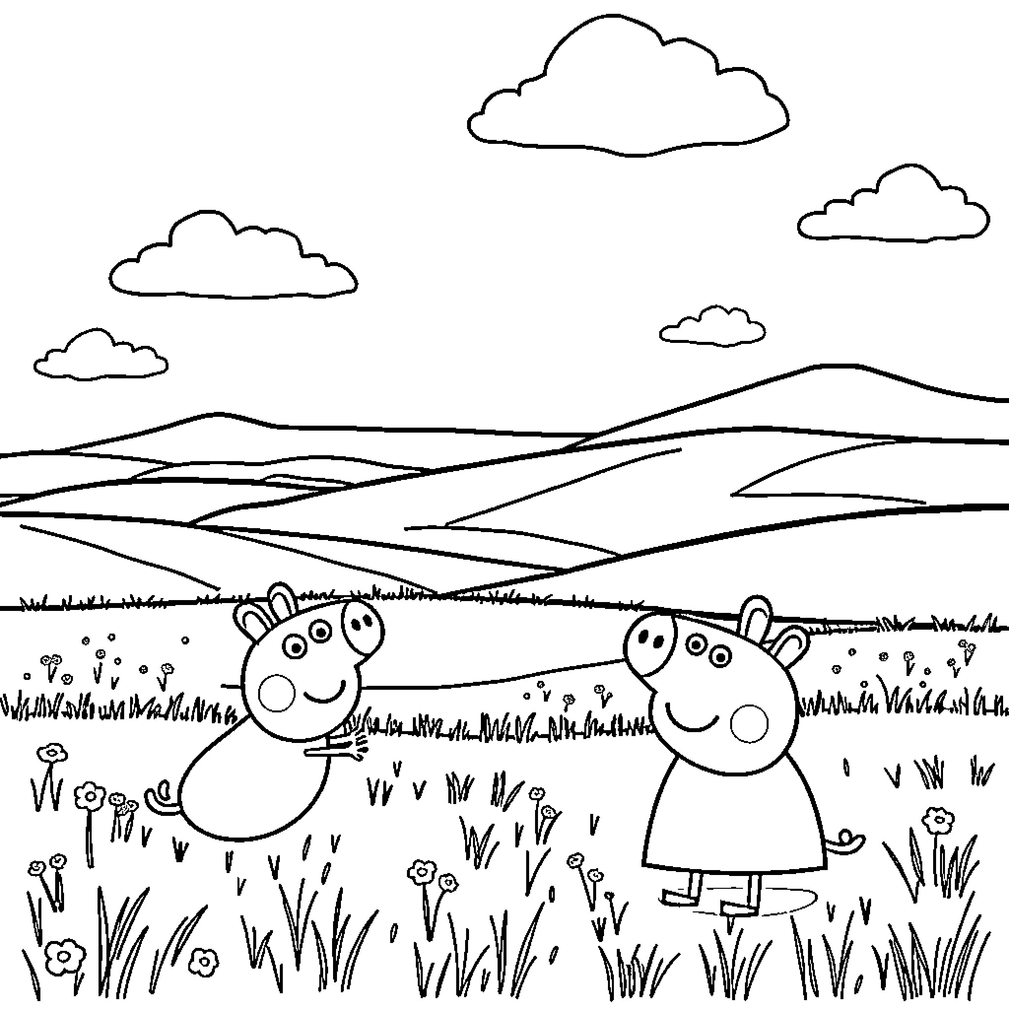 Peppa Pig and friends playing in the countryside Coloring Page (free black-and-white line drawing printable PDF for all, from beginners to advanced learners, including children, teens, adults, and seniors)