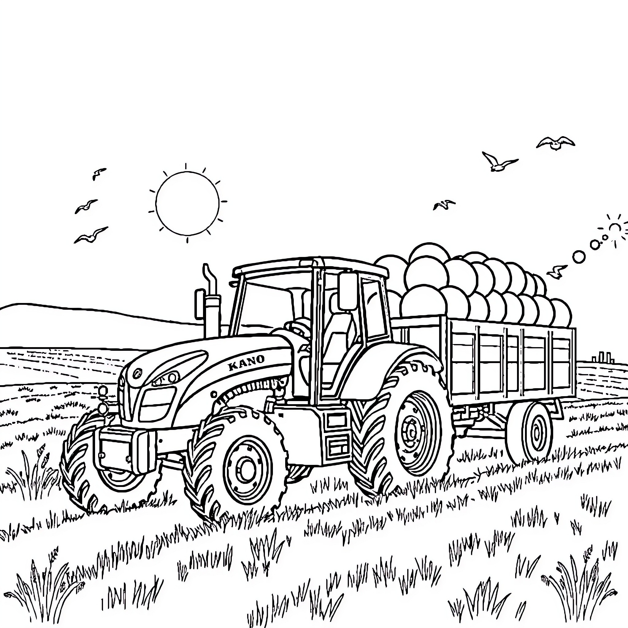 Tractor transporting hay bales across rural landscape Coloring Page (free black-and-white line drawing printable PDF for all, from beginners to advanced learners, including children, teens, adults, and seniors)