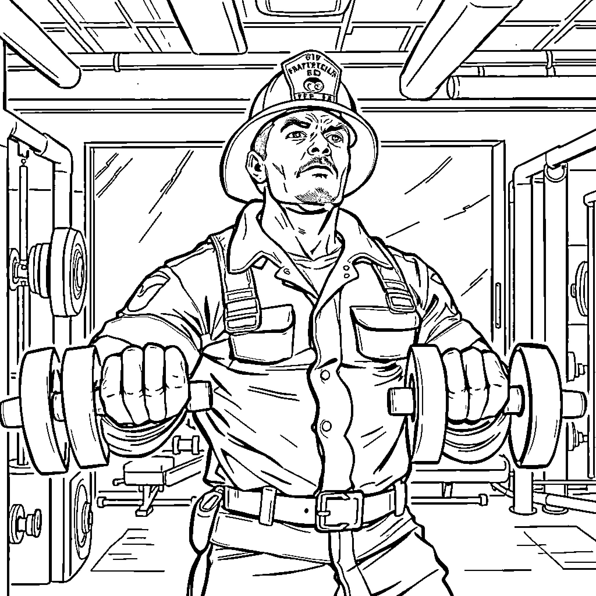 Firefighter in action during emergency response Coloring Page (free black-and-white line drawing printable PDF for all, from beginners to advanced learners, including children, teens, adults, and seniors)