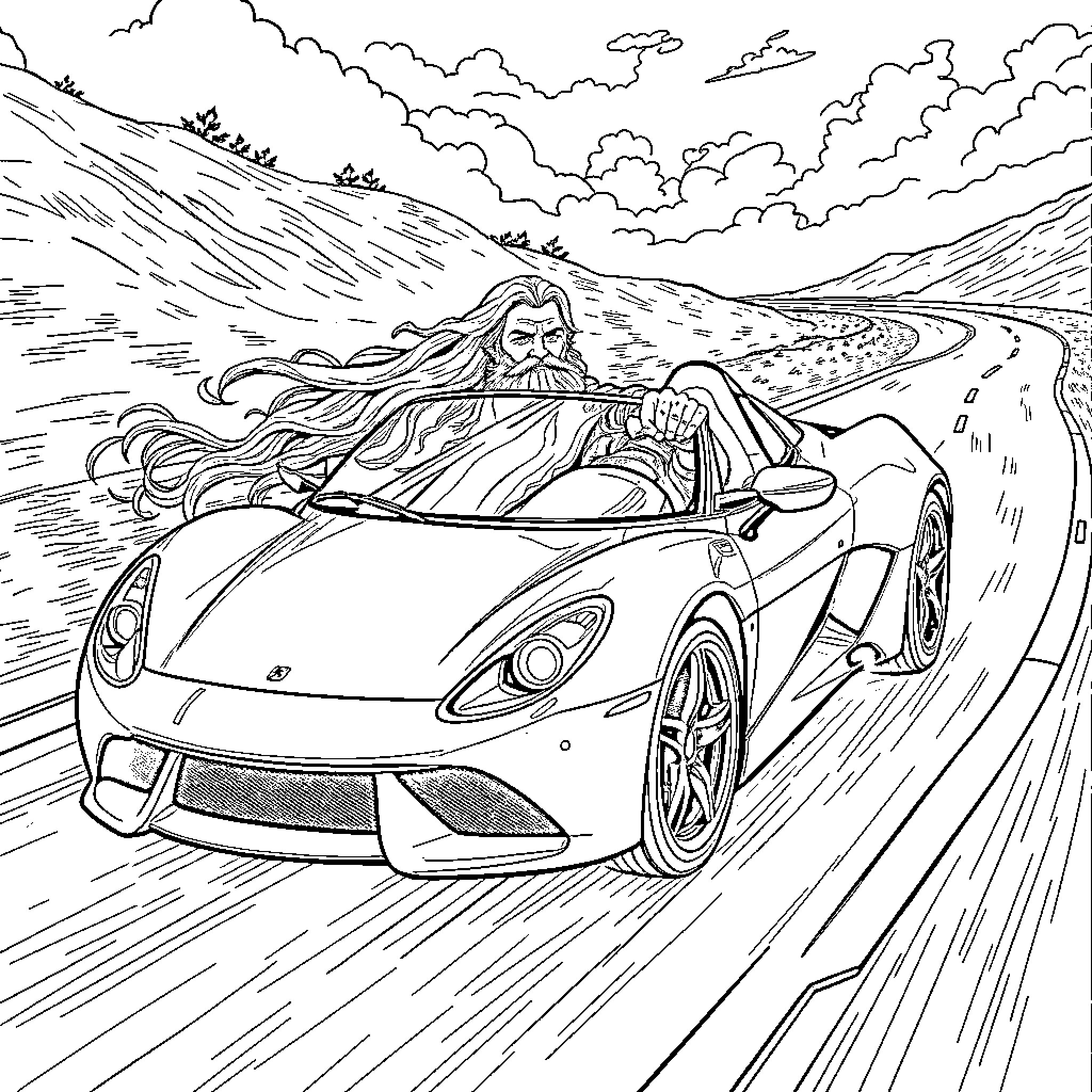 Gandalf Riding a Sports Car Through Winding Roads Coloring Page (free black-and-white line drawing printable PDF for all, from beginners to advanced learners, including children, teens, adults, and seniors)
