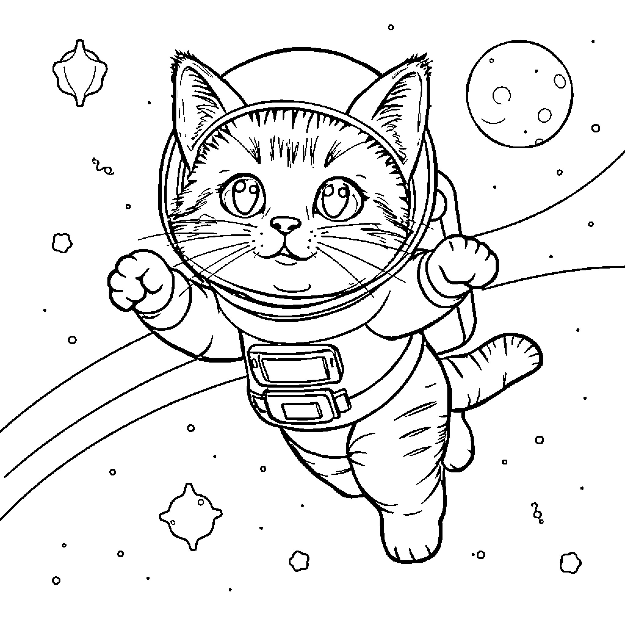 Cat astronaut exploring the cosmos Coloring Page (free black-and-white line drawing printable PDF for all, from beginners to advanced learners, including children, teens, adults, and seniors)