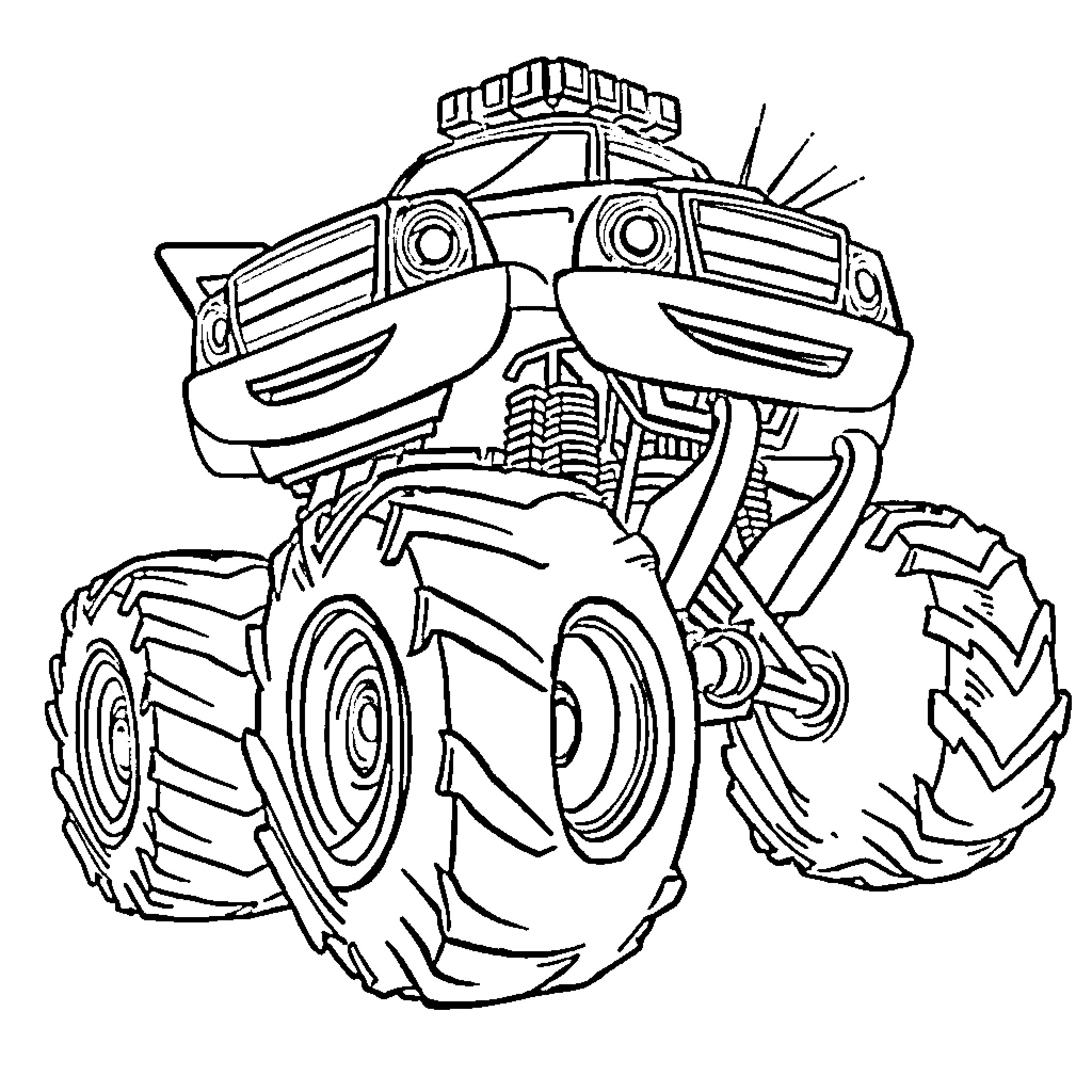 Monster Truck Doing Extreme Stunts Coloring Page (free black-and-white line drawing printable PDF for all, from beginners to advanced learners, including children, teens, adults, and seniors)