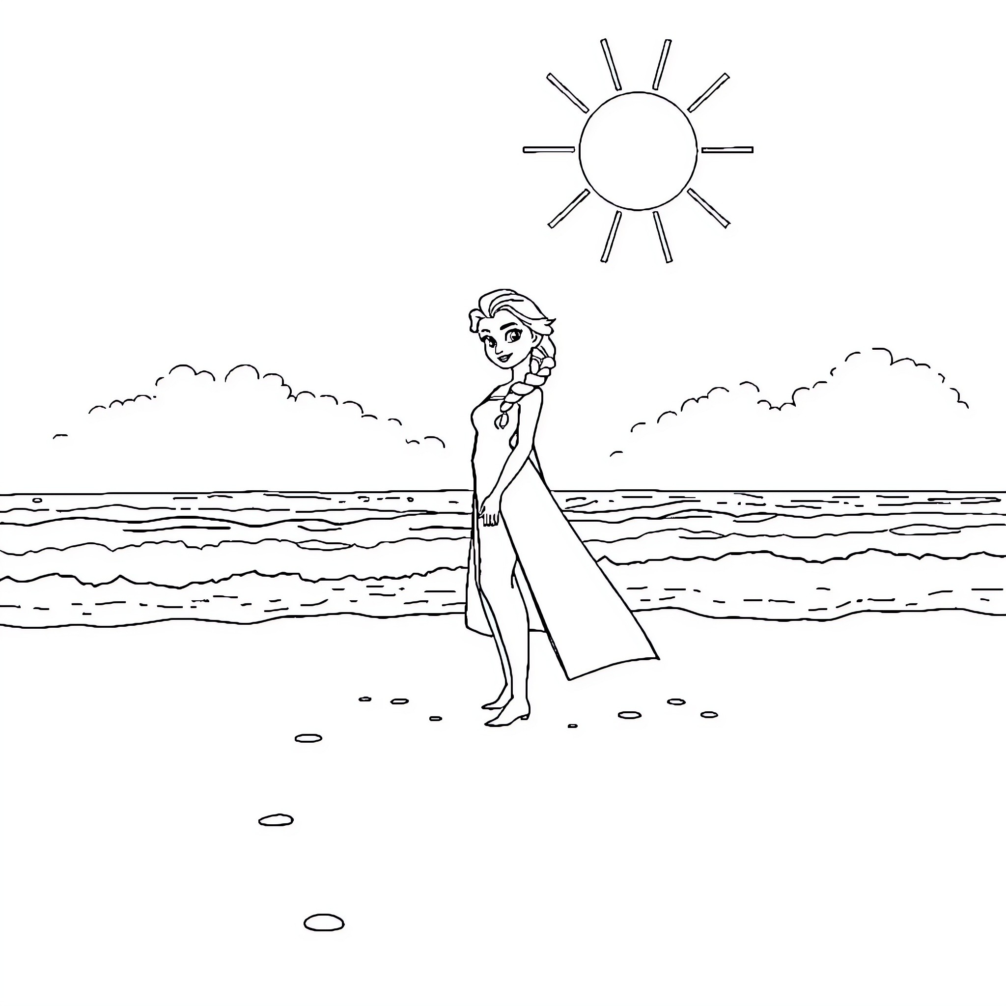 Elsa enjoys a sunny day by the beach Coloring Page (free black-and-white line drawing printable PDF for all, from beginners to advanced learners, including children, teens, adults, and seniors)