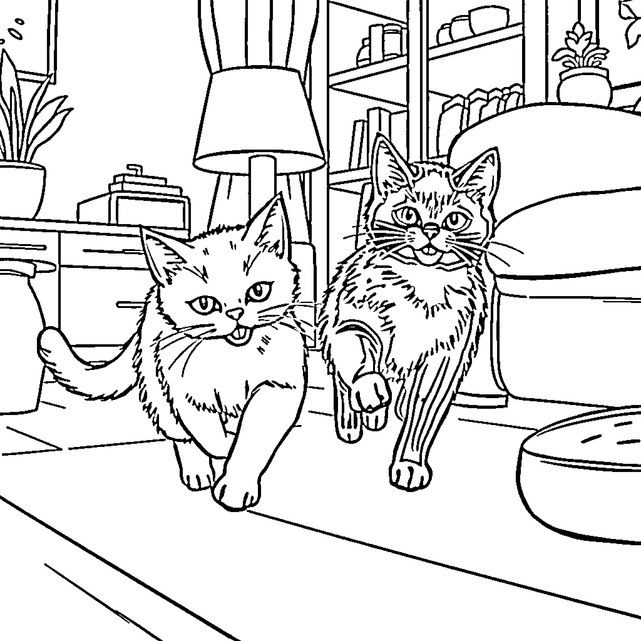 Cat Companions in a Cozy Home Coloring Page (free black-and-white line drawing printable PDF for all, from beginners to advanced learners, including children, teens, adults, and seniors)