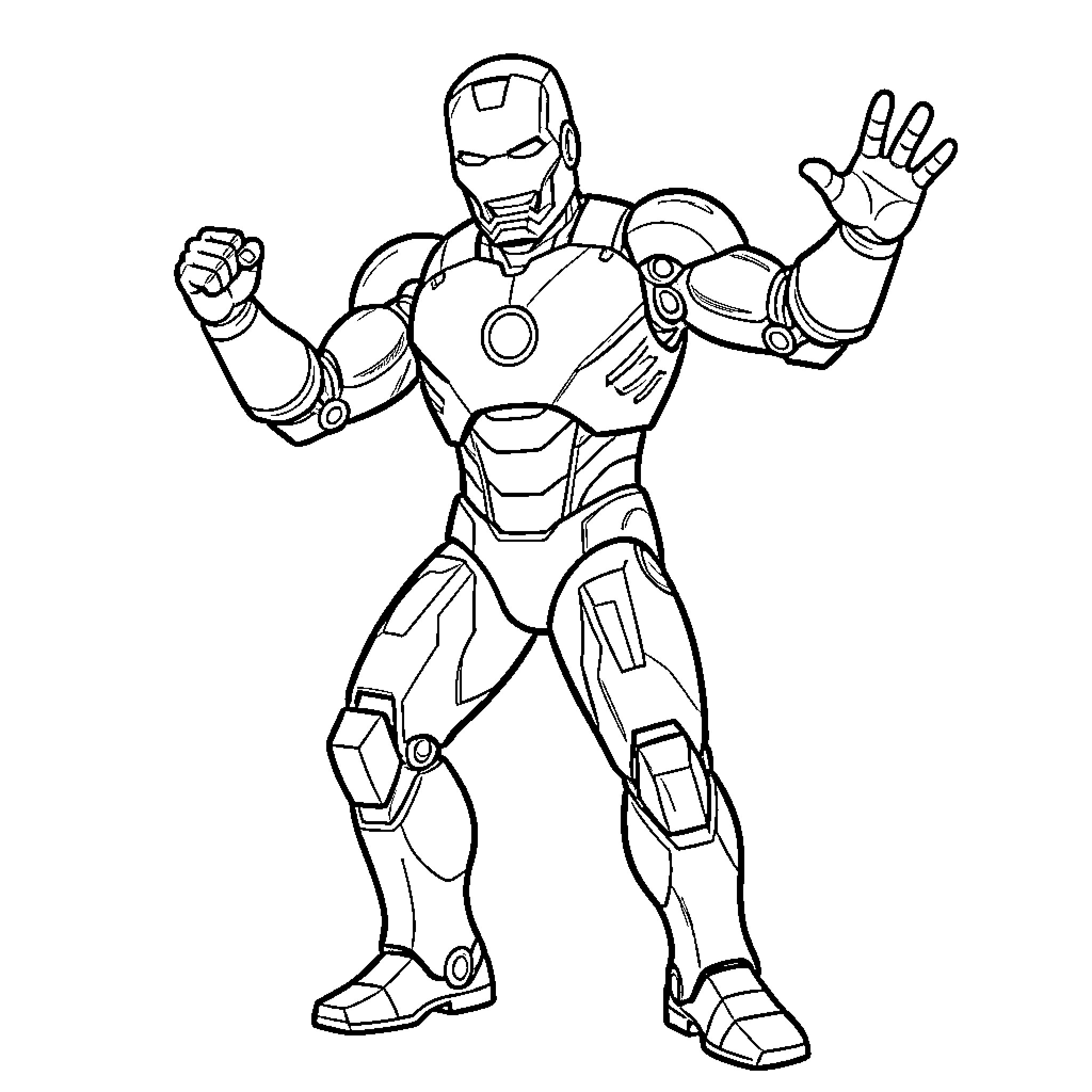 Iron Man in heroic action pose Coloring Page (free black-and-white line drawing printable PDF for all, from beginners to advanced learners, including children, teens, adults, and seniors)