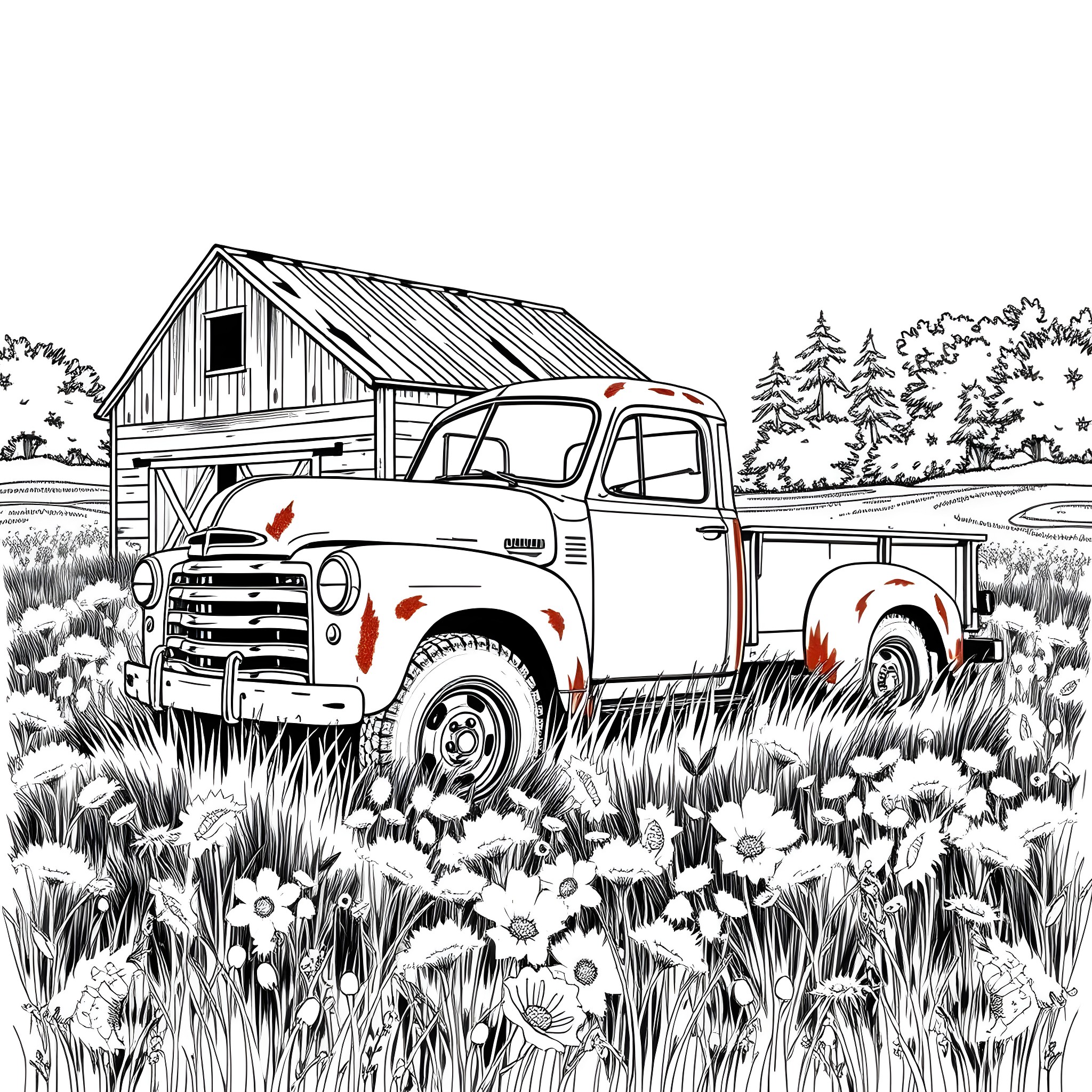 Truck parked by rustic barn in scenic countryside Coloring Page (free black-and-white line drawing printable PDF for all, from beginners to advanced learners, including children, teens, adults, and seniors)