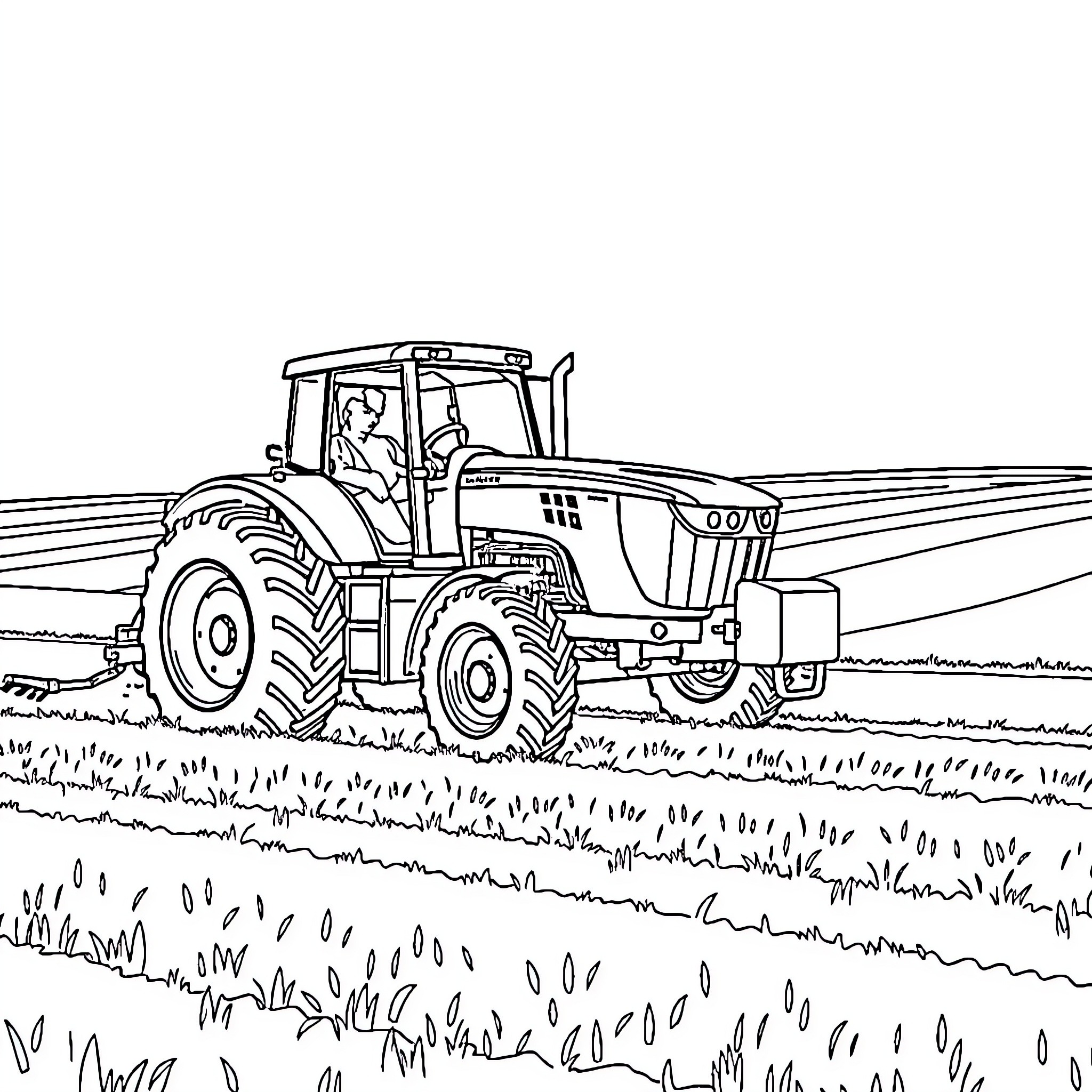 Tractor plowing through field with grass Coloring Page (free black-and-white line drawing printable PDF for all, from beginners to advanced learners, including children, teens, adults, and seniors)