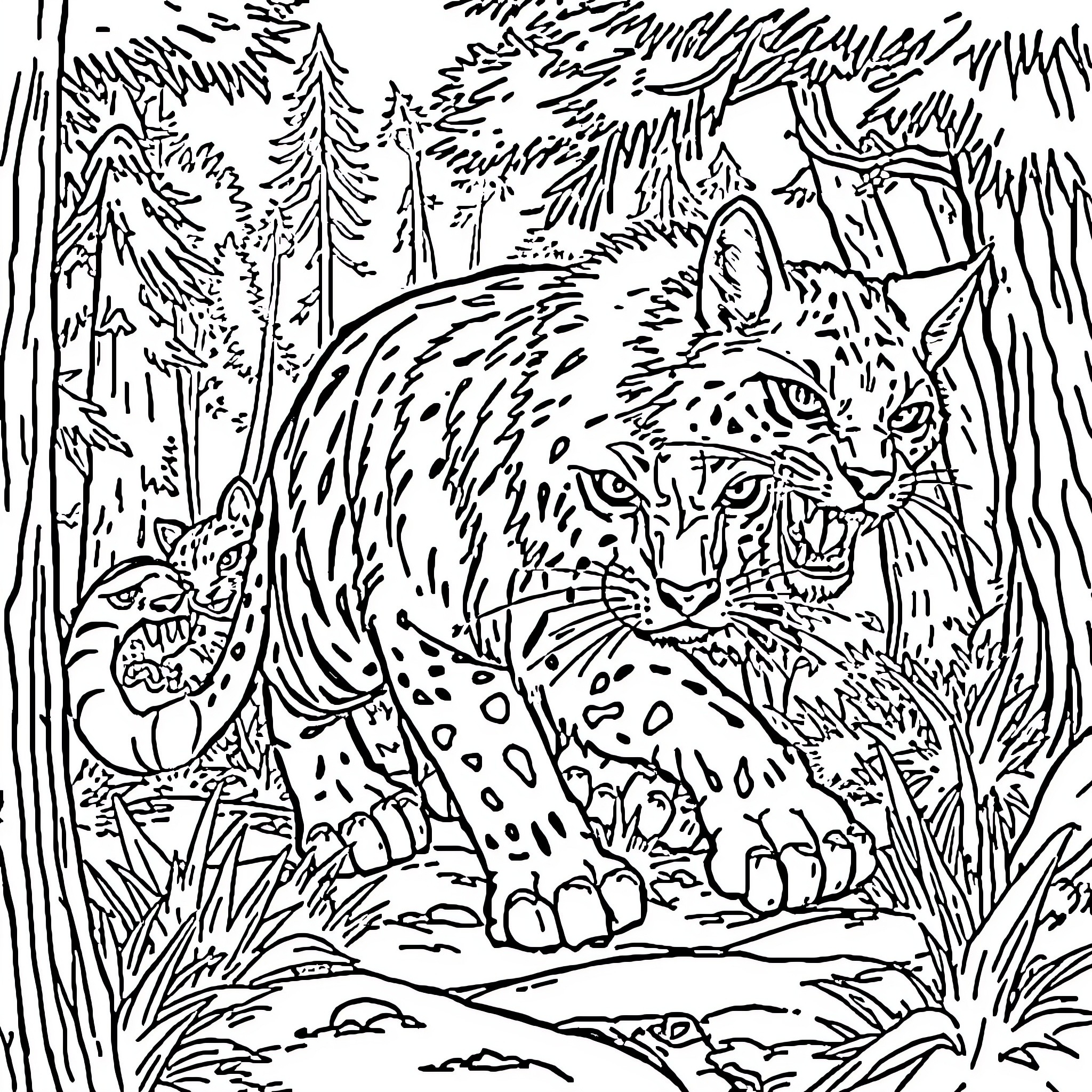 Cat Pair in Wilderness Scene Coloring Page (free black-and-white line drawing printable PDF for all, from beginners to advanced learners, including children, teens, adults, and seniors)