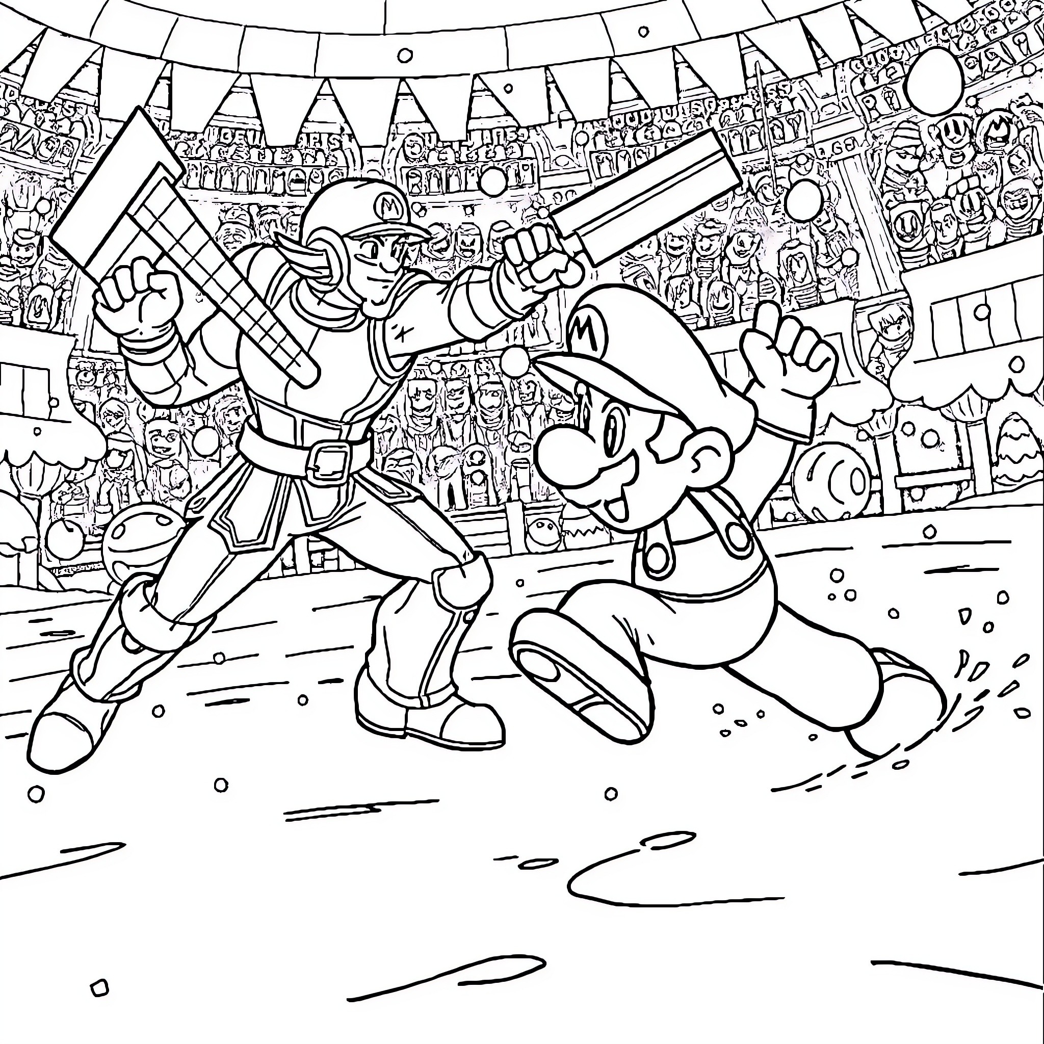 Mario's Triumphant Battle in a Lively Stadium Coloring Page (free black-and-white line drawing printable PDF for all, from beginners to advanced learners, including children, teens, adults, and seniors)