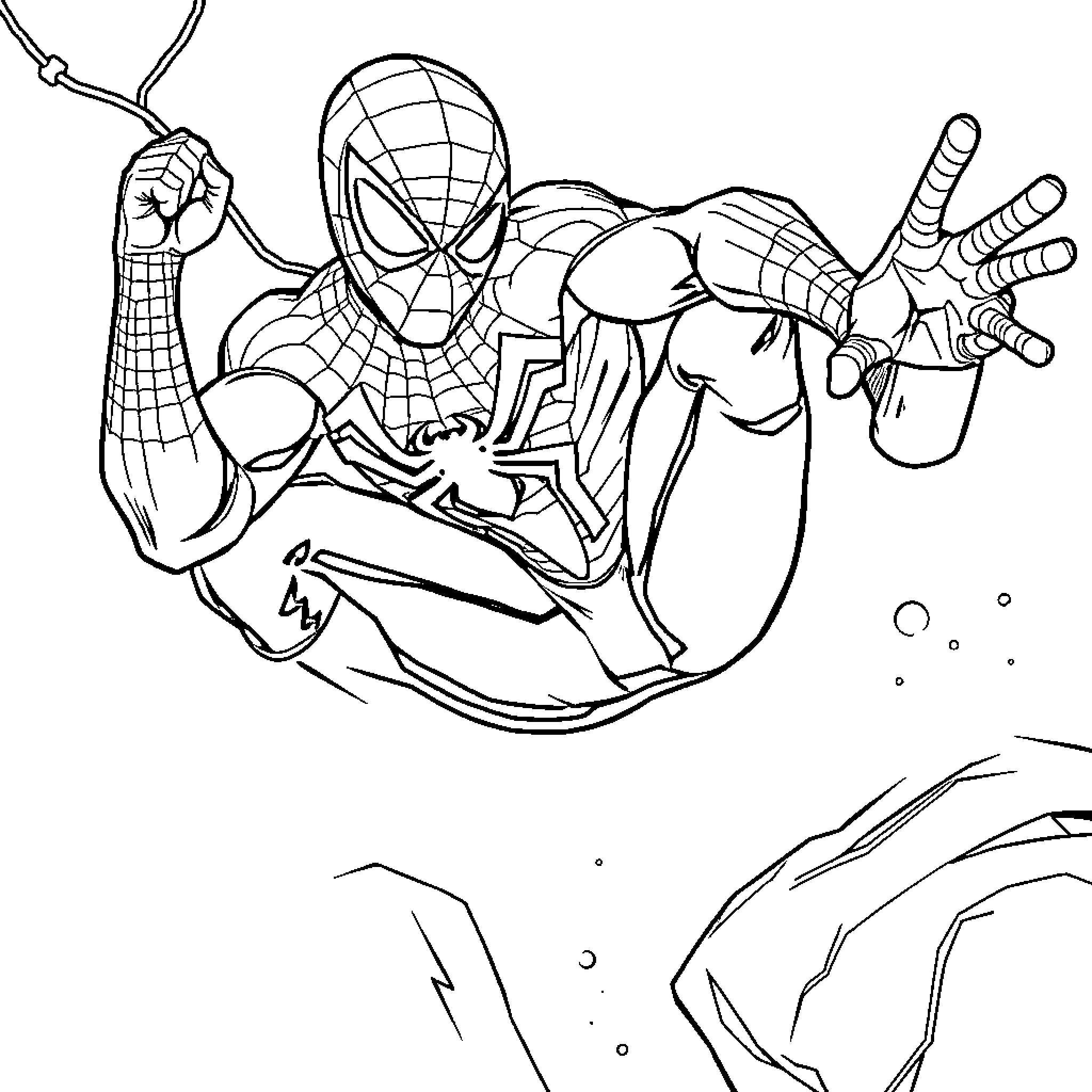 Spiderman in action-packed hero pose Coloring Page (free black-and-white line drawing printable PDF for all, from beginners to advanced learners, including children, teens, adults, and seniors)