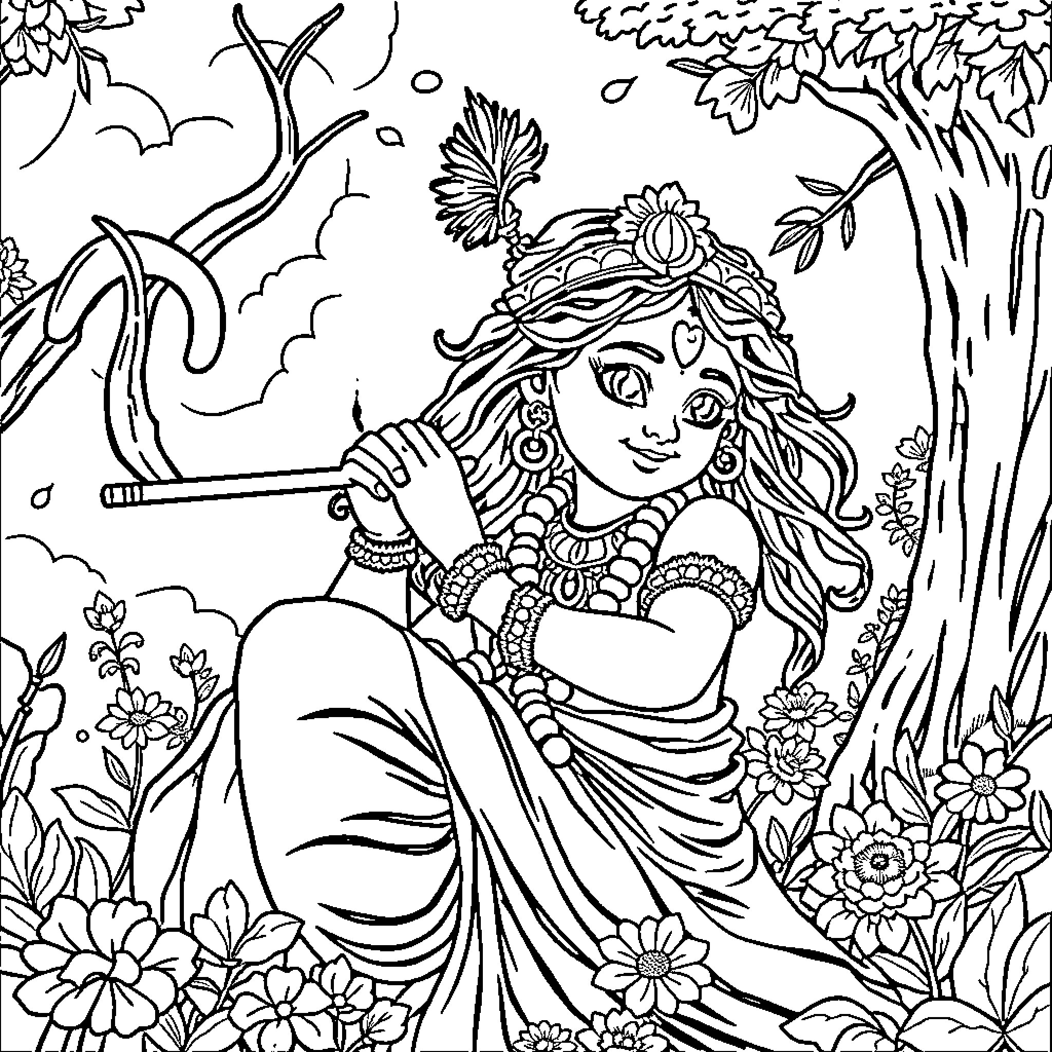 Krishna playing flute in lush nature Coloring Page (free black-and-white line drawing printable PDF for all, from beginners to advanced learners, including children, teens, adults, and seniors)