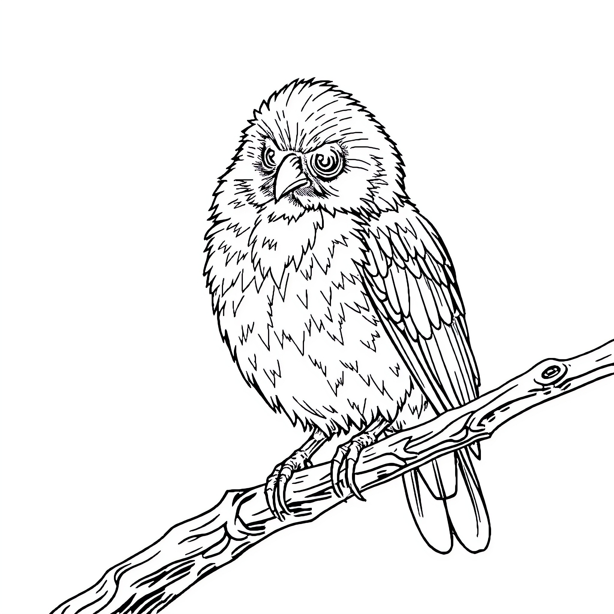 Bird perched curiously on branch Coloring Page (free black-and-white line drawing printable PDF for all, from beginners to advanced learners, including children, teens, adults, and seniors)
