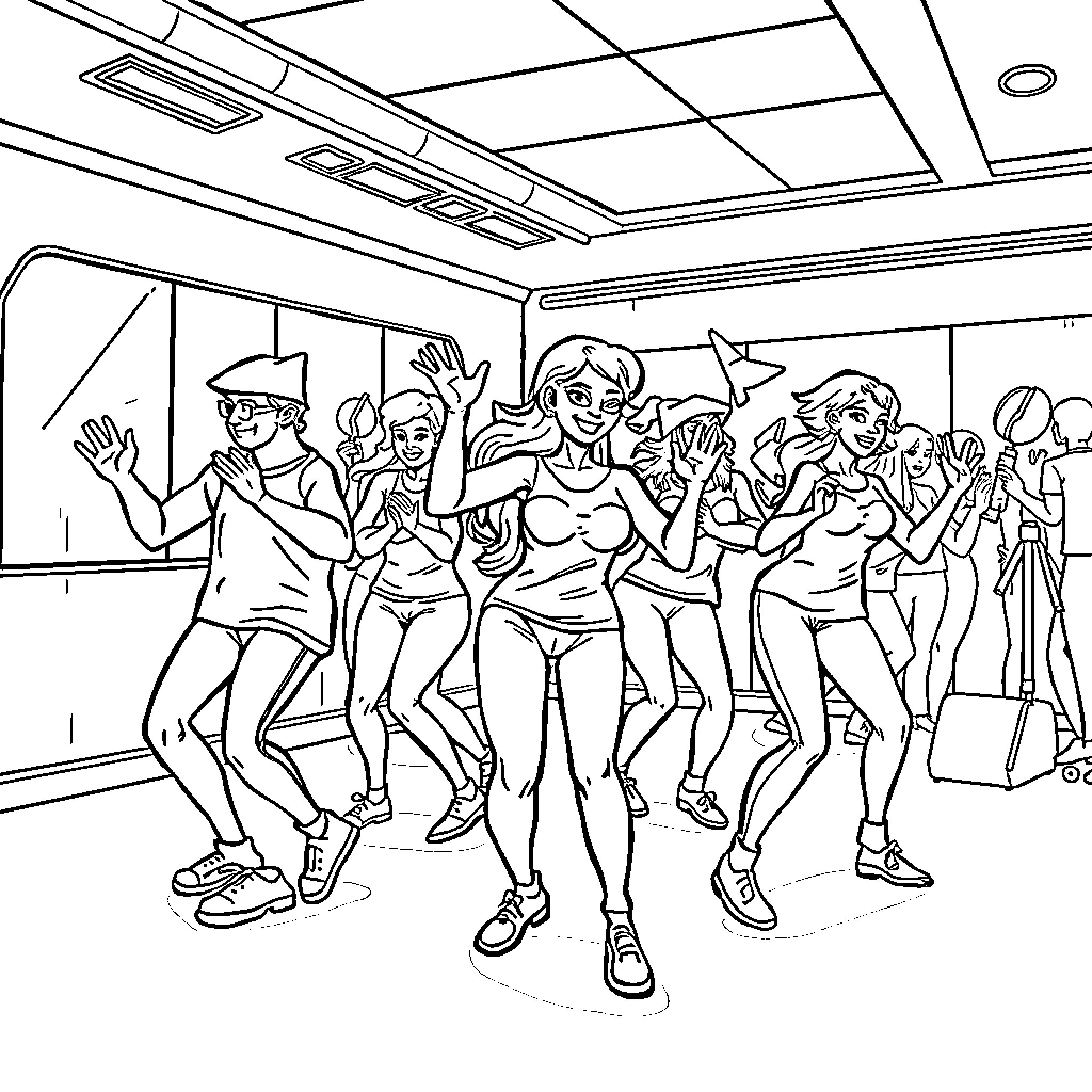 Ice Agent dancing with group in club Coloring Page (free black-and-white line drawing printable PDF for all, from beginners to advanced learners, including children, teens, adults, and seniors)