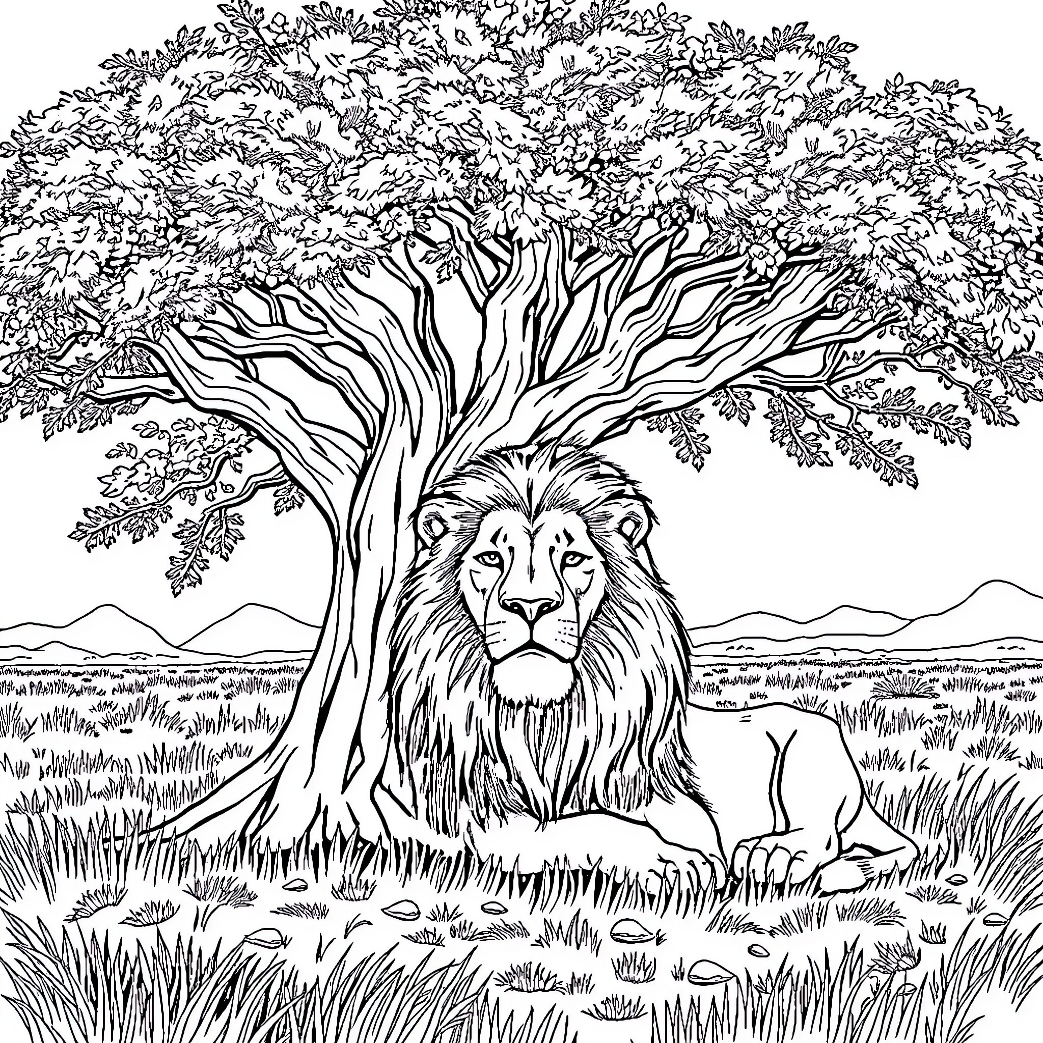 Lion resting under a large tree in the savanna Coloring Page (free black-and-white line drawing printable PDF for all, from beginners to advanced learners, including children, teens, adults, and seniors)