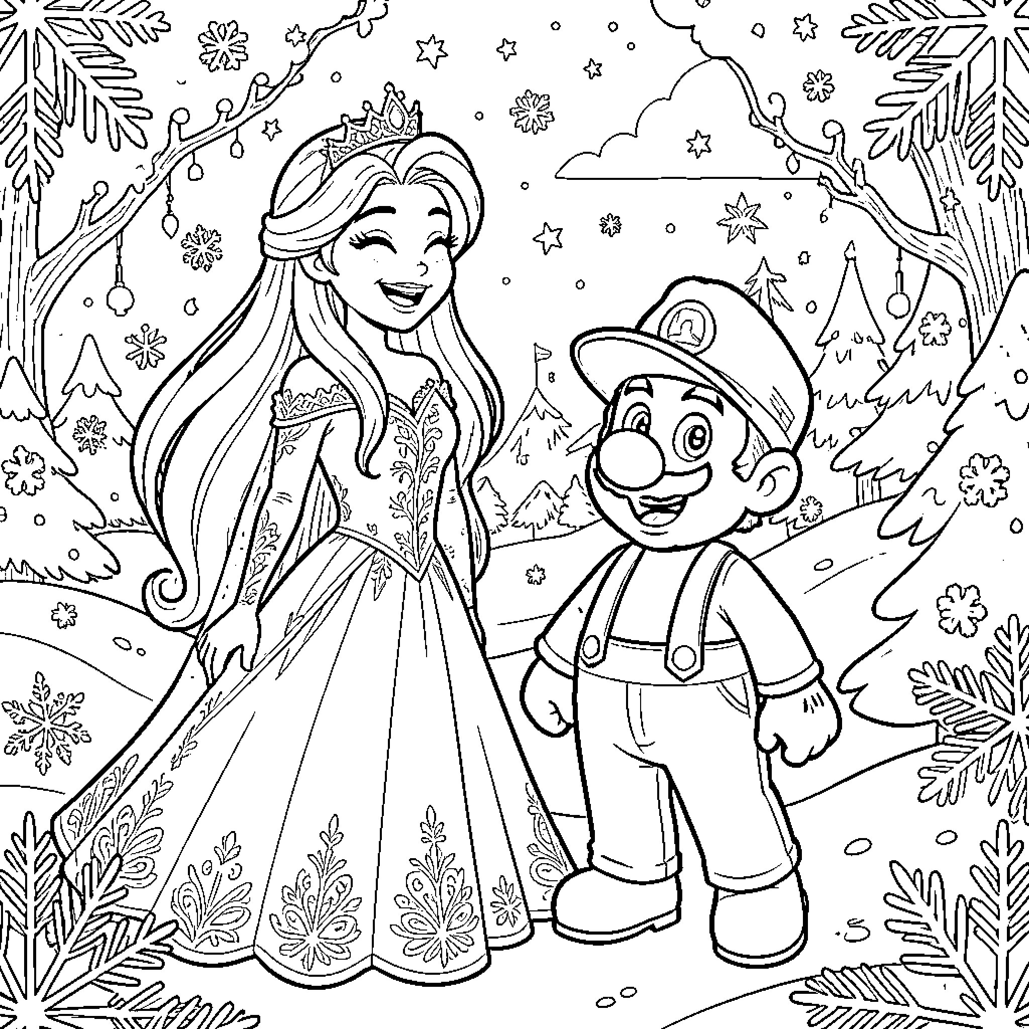 Queen and Plumber in Snowy Winter Wonderland Coloring Page (free black-and-white line drawing printable PDF for all, from beginners to advanced learners, including children, teens, adults, and seniors)