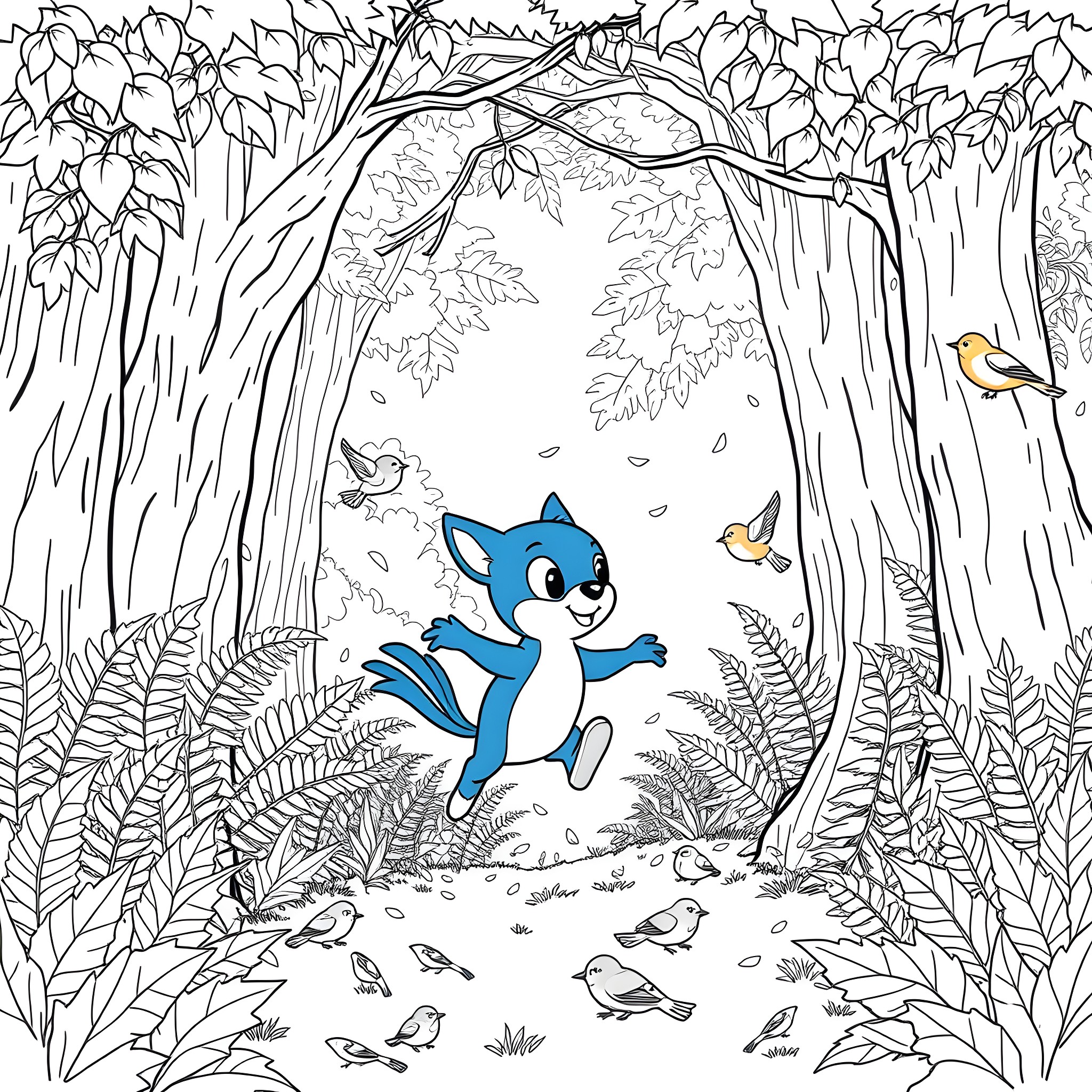 Bluey running happily in the enchanted forest Coloring Page (free black-and-white line drawing printable PDF for all, from beginners to advanced learners, including children, teens, adults, and seniors)