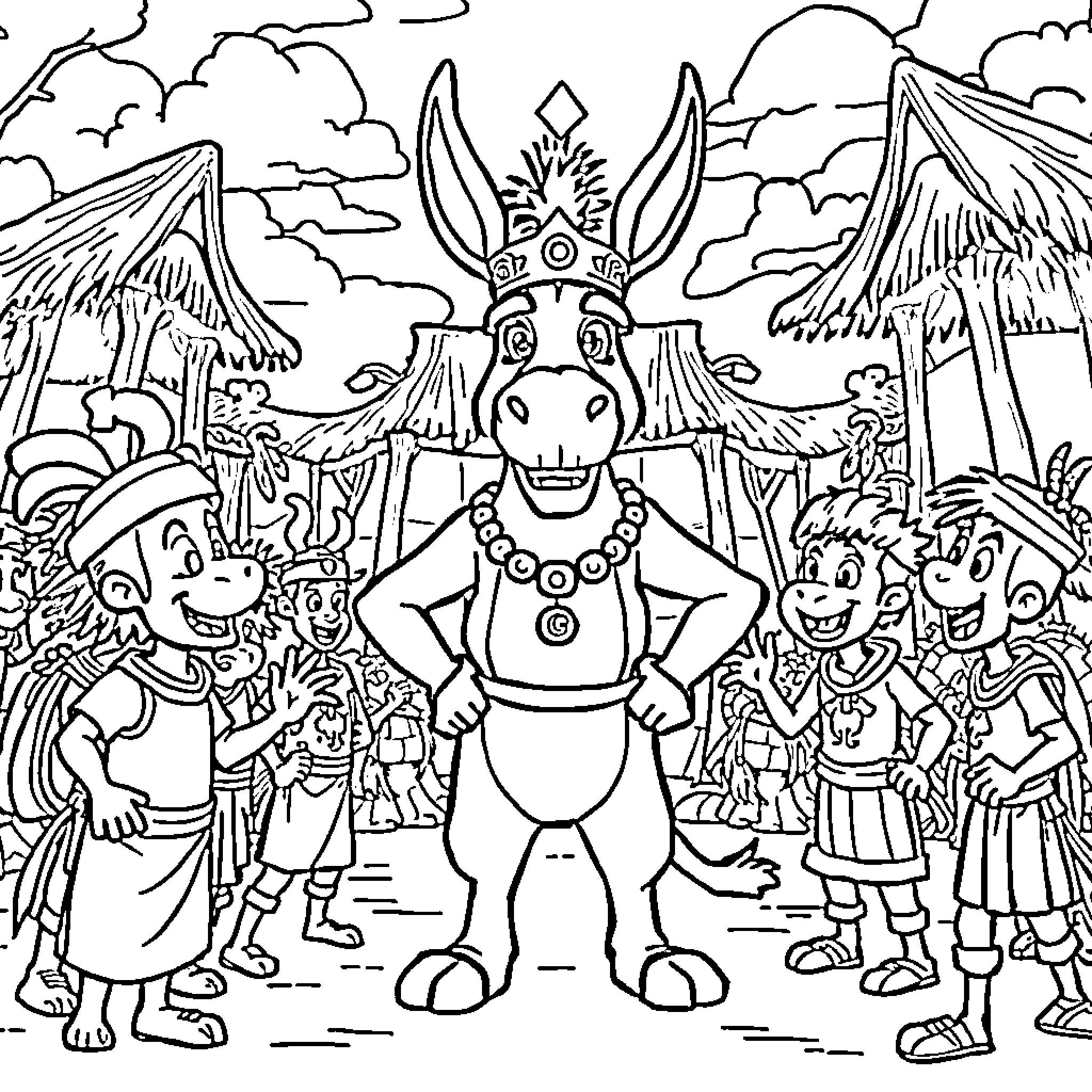 Donkey leading a festive parade with dancers Coloring Page (free black-and-white line drawing printable PDF for all, from beginners to advanced learners, including children, teens, adults, and seniors)