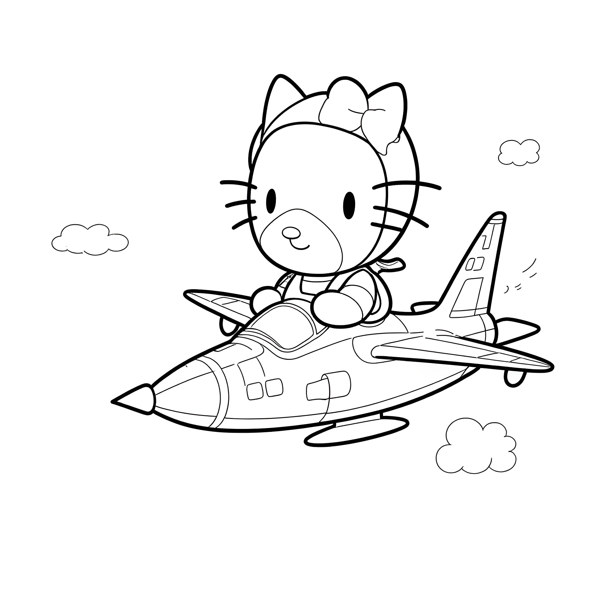 Hello Kitty pilots an airplane through the sky Coloring Page (free black-and-white line drawing printable PDF for all, from beginners to advanced learners, including children, teens, adults, and seniors)