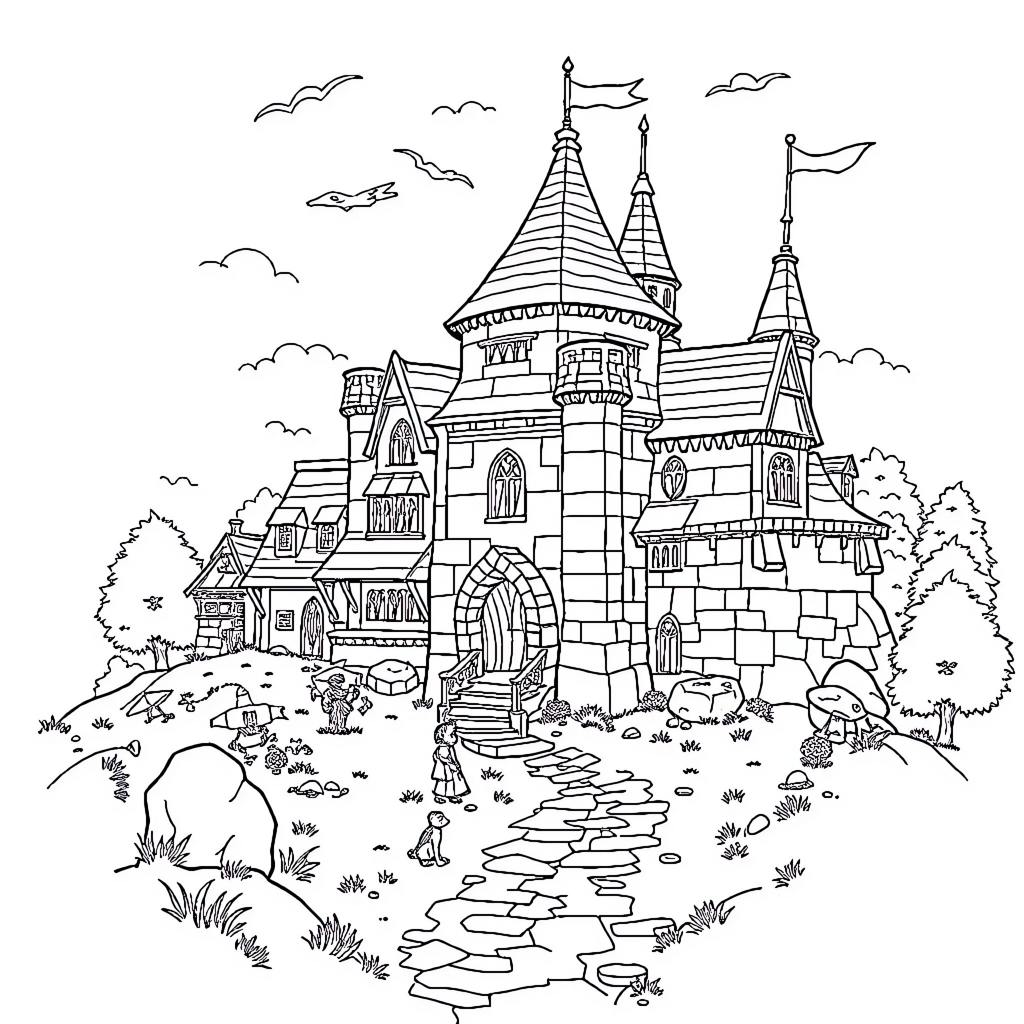 Old School RuneScape Medieval Castle with Adventurers Coloring Page (free black-and-white line drawing printable PDF for all, from beginners to advanced learners, including children, teens, adults, and seniors)