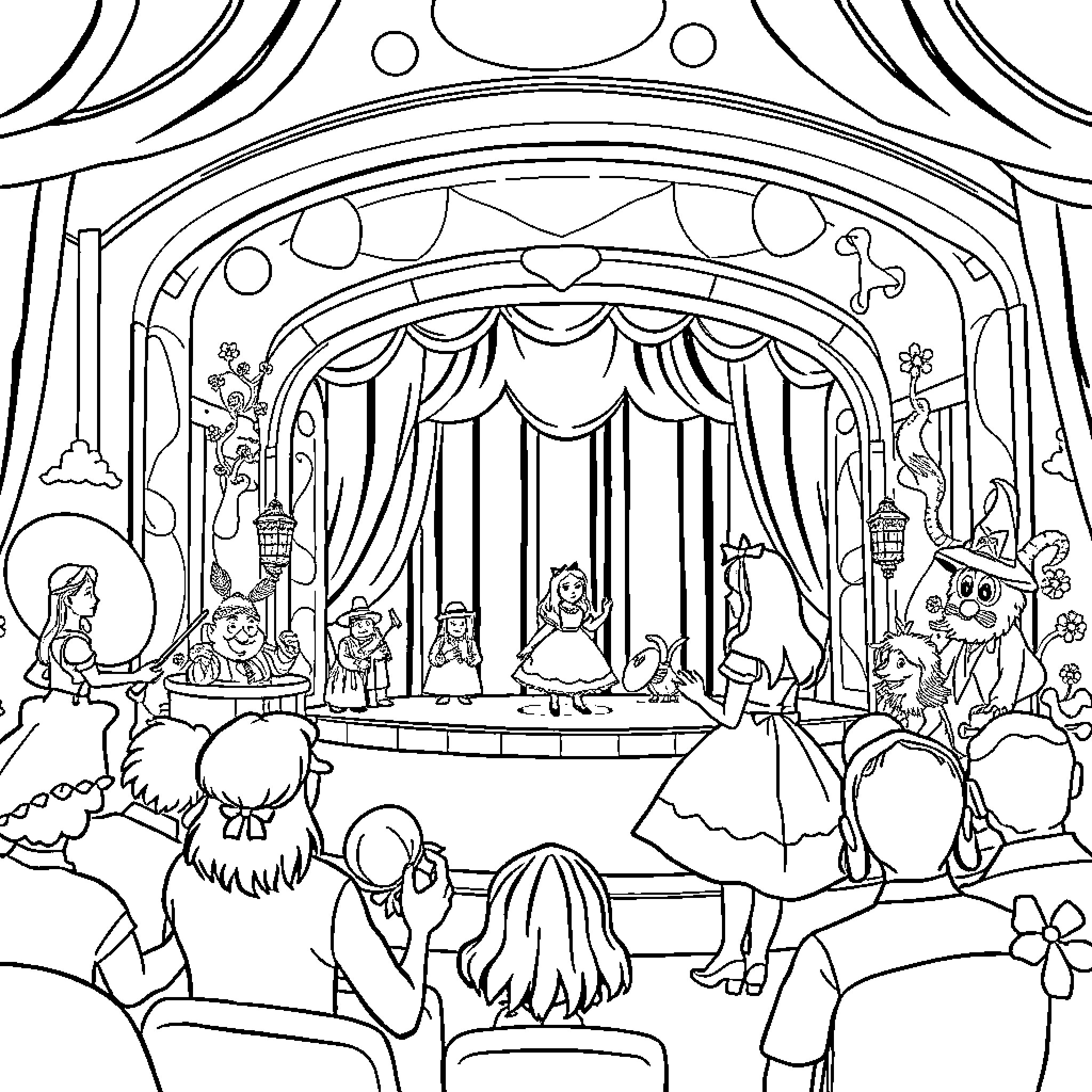 Alice's Whimsical Stage Performance Coloring Page (free black-and-white line drawing printable PDF for all, from beginners to advanced learners, including children, teens, adults, and seniors)