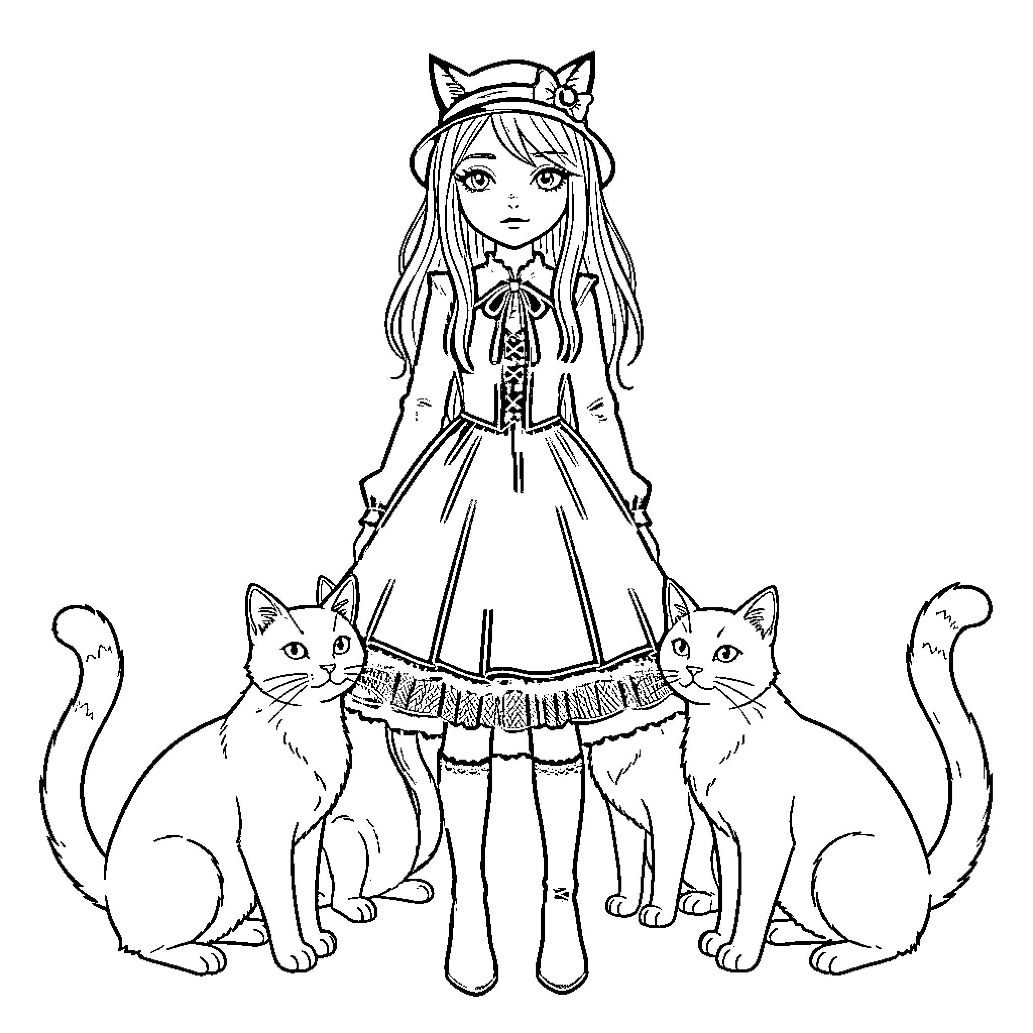 Girl in Anime-style Dress and Cat Companions Coloring Page (free black-and-white line drawing printable PDF for all, from beginners to advanced learners, including children, teens, adults, and seniors)