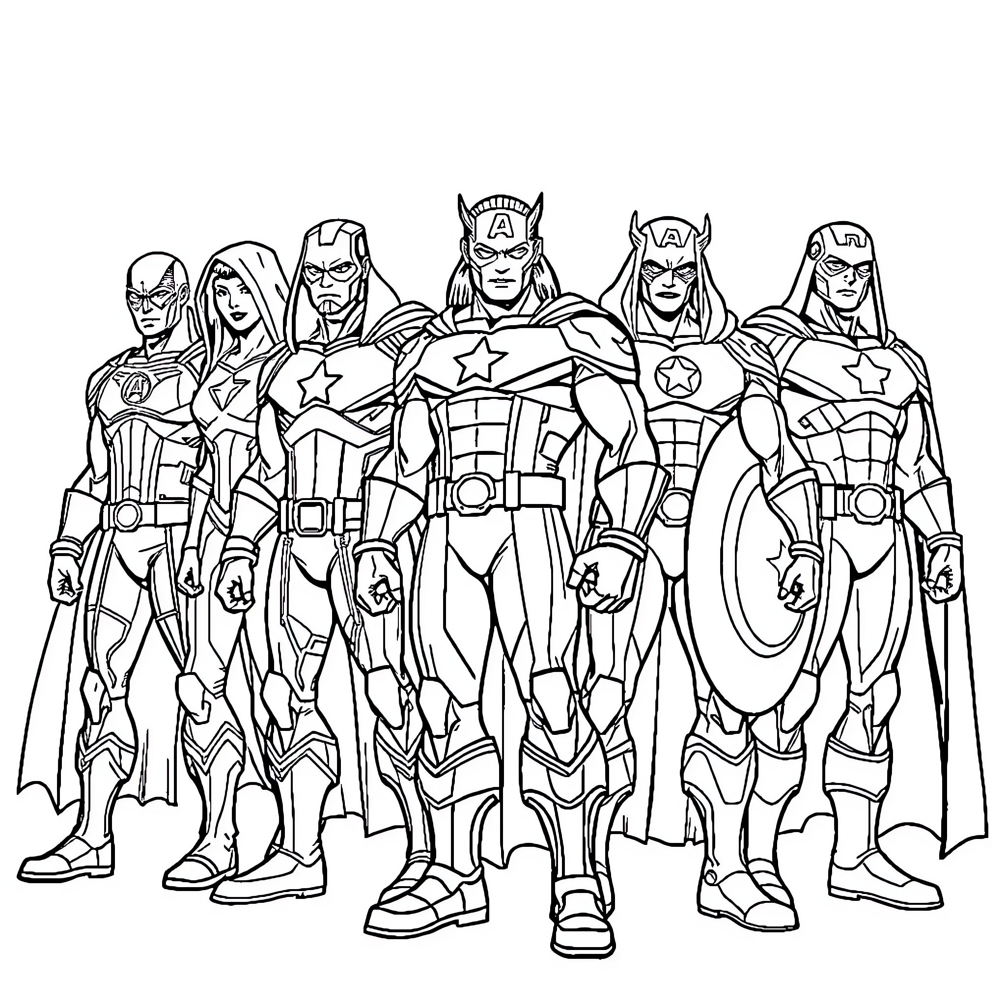 Avenger superheroes in action-packed poses Coloring Page (free black-and-white line drawing printable PDF for all, from beginners to advanced learners, including children, teens, adults, and seniors)