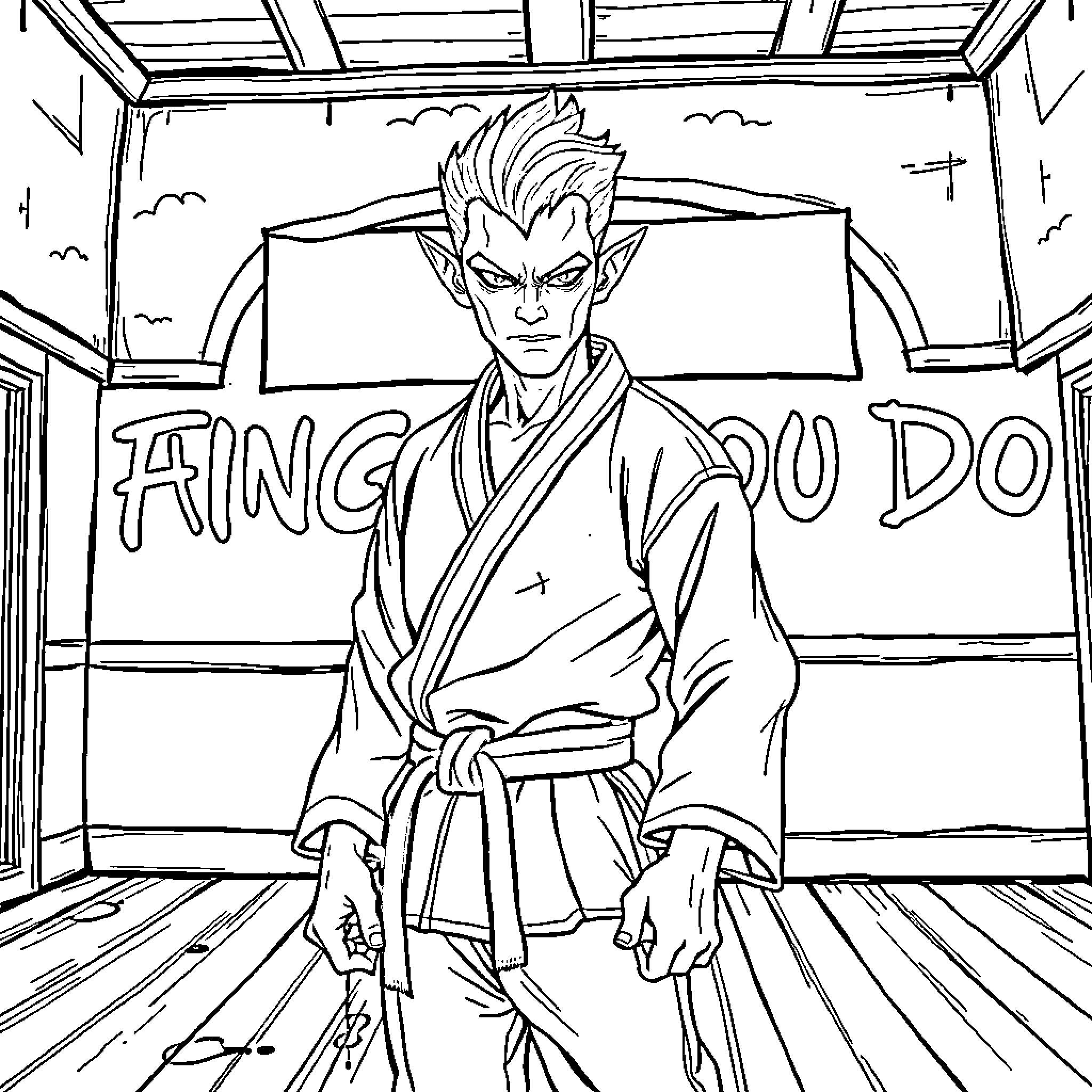 Vampire Warrior in Dojo Coloring Page (free black-and-white line drawing printable PDF for all, from beginners to advanced learners, including children, teens, adults, and seniors)