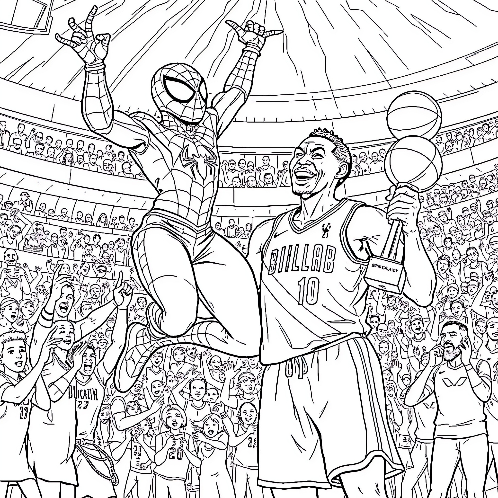 Spiderman Faces Off with Basketball Player in Stadium Coloring Page (free black-and-white line drawing printable PDF for all, from beginners to advanced learners, including children, teens, adults, and seniors)