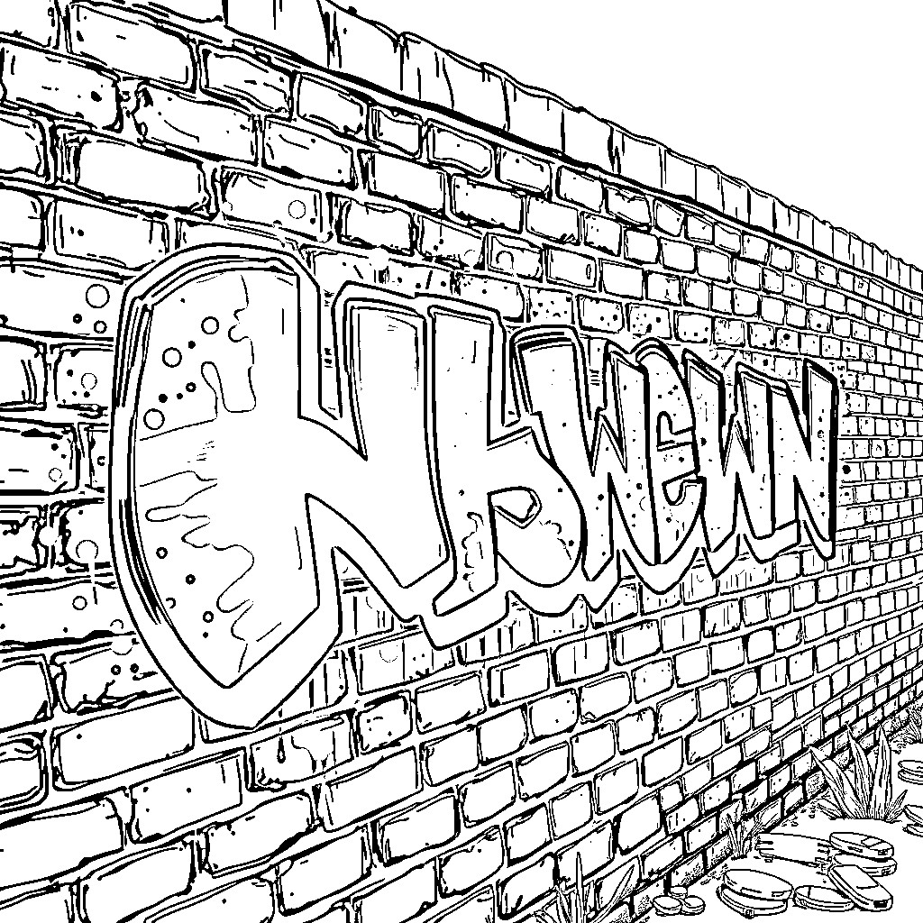 Graffiti of a wall with artistic expressions Coloring Page (free black-and-white line drawing printable PDF for all, from beginners to advanced learners, including children, teens, adults, and seniors)
