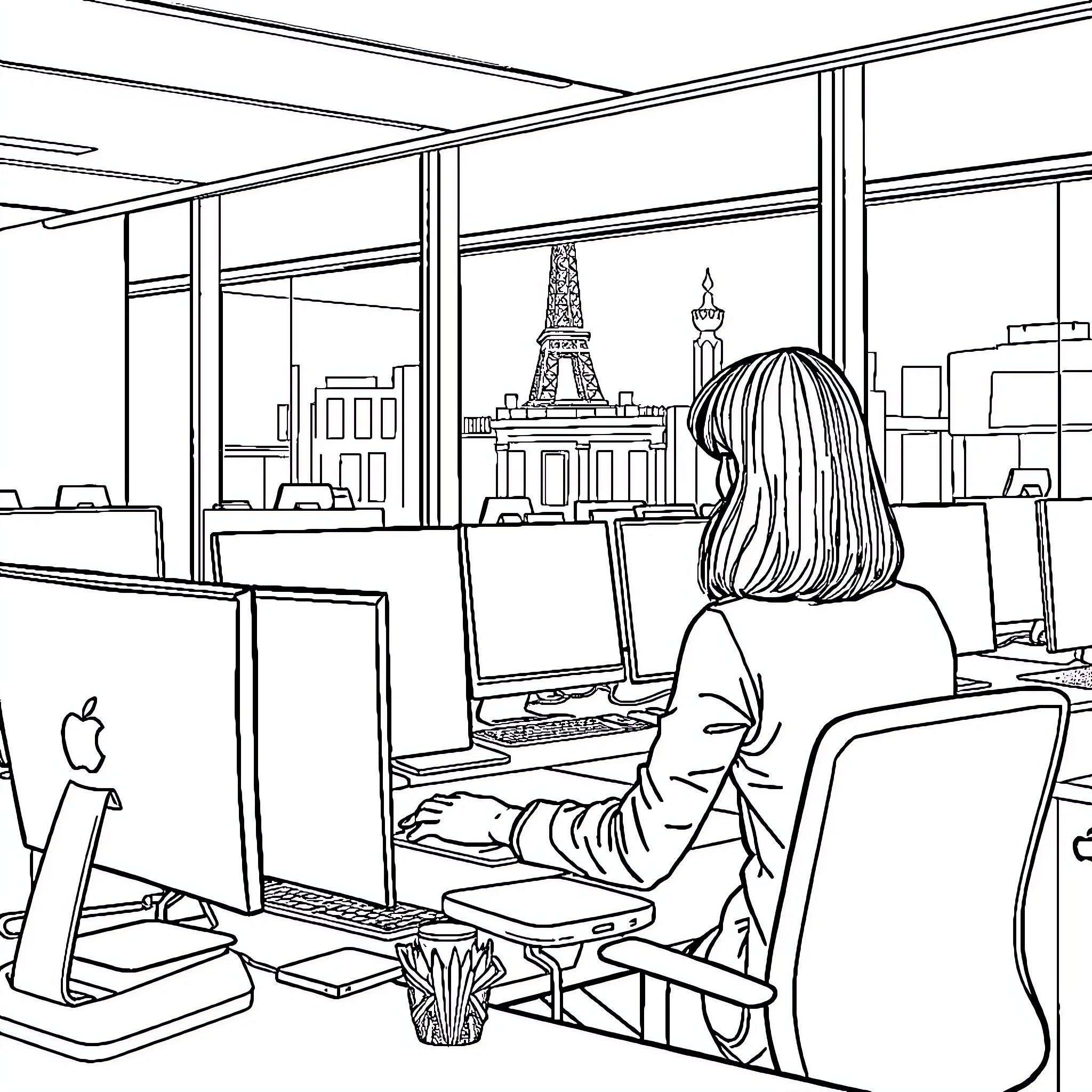 Person working intently in an office with views of Paris Coloring Page (free black-and-white line drawing printable PDF for all, from beginners to advanced learners, including children, teens, adults, and seniors)