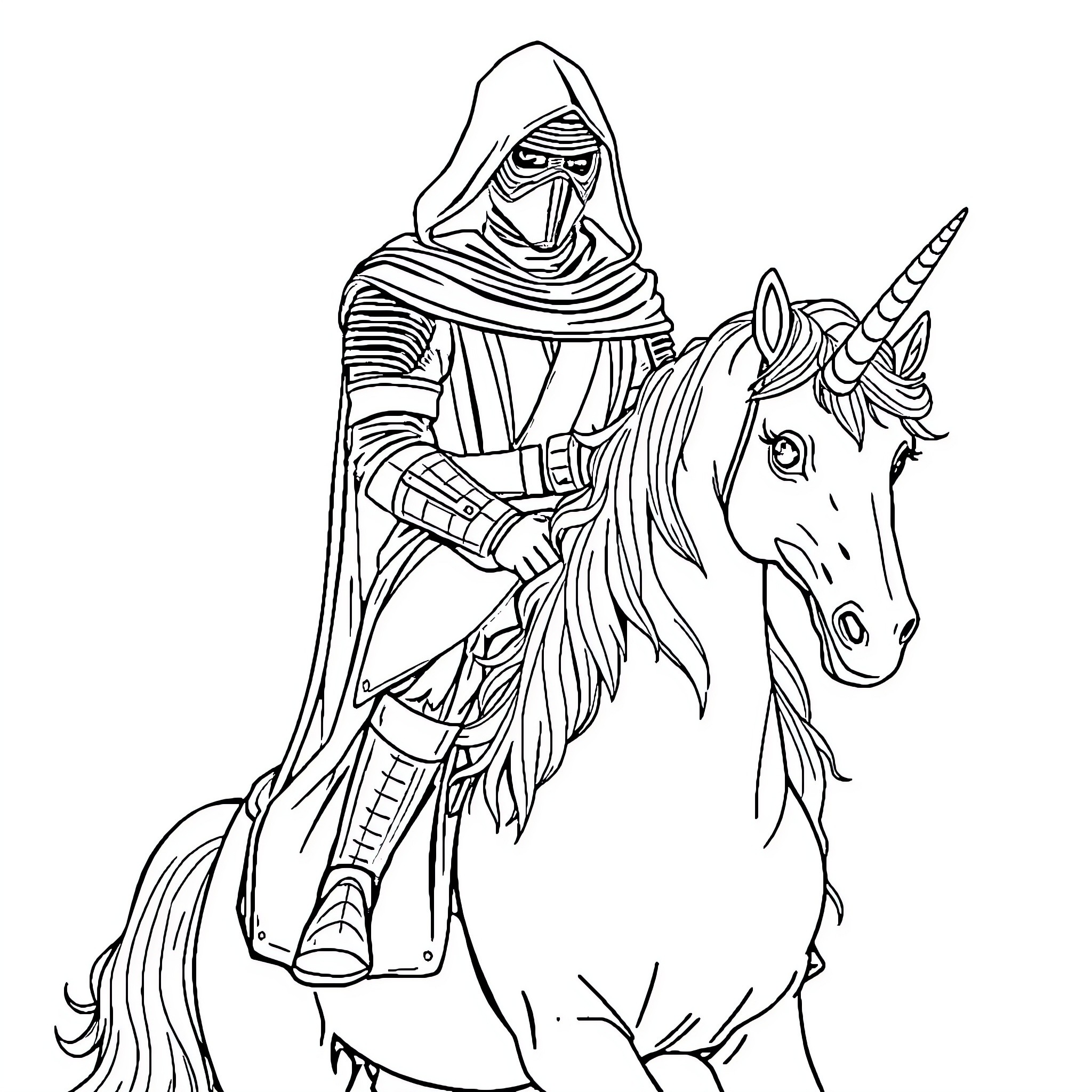 Kylo Ren riding a majestic unicorn Coloring Page (free black-and-white line drawing printable PDF for all, from beginners to advanced learners, including children, teens, adults, and seniors)