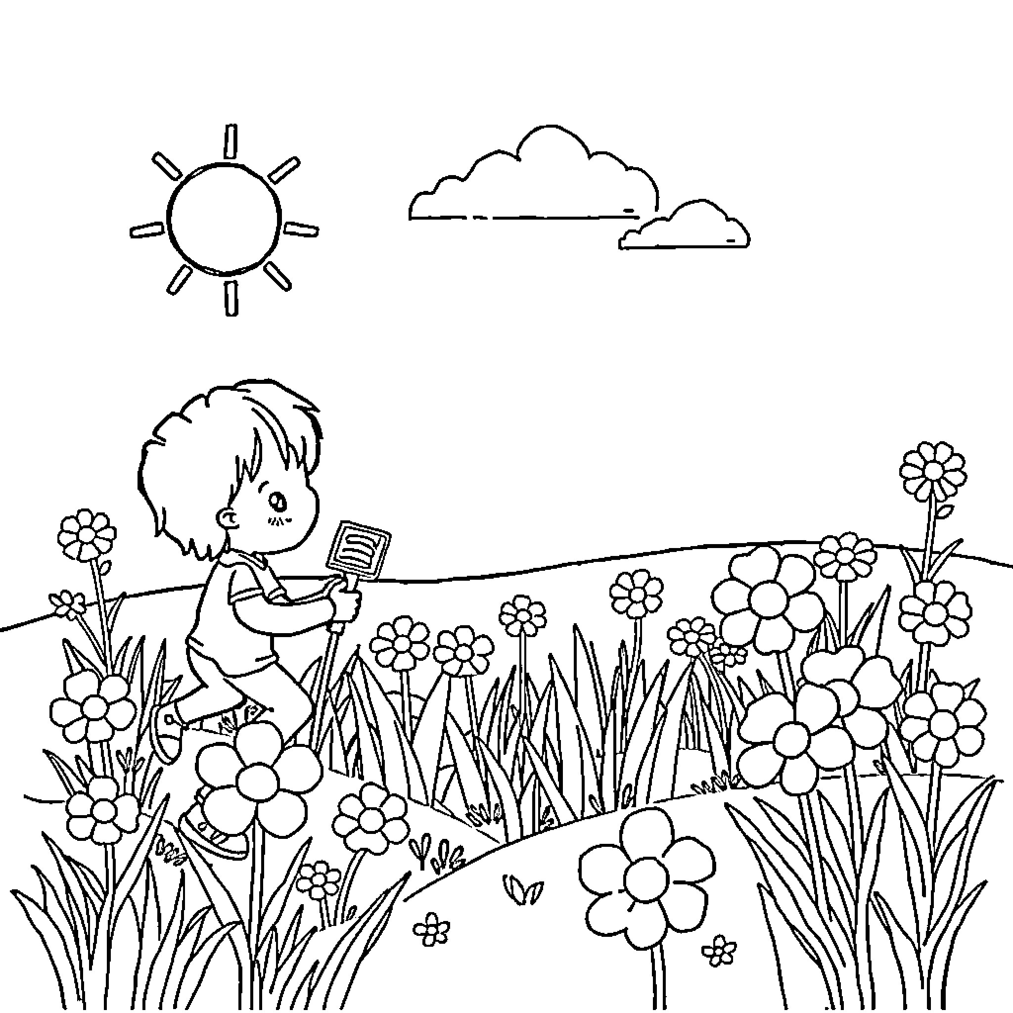 Numberblock 22 explores a vibrant flower field Coloring Page (free black-and-white line drawing printable PDF for all, from beginners to advanced learners, including children, teens, adults, and seniors)