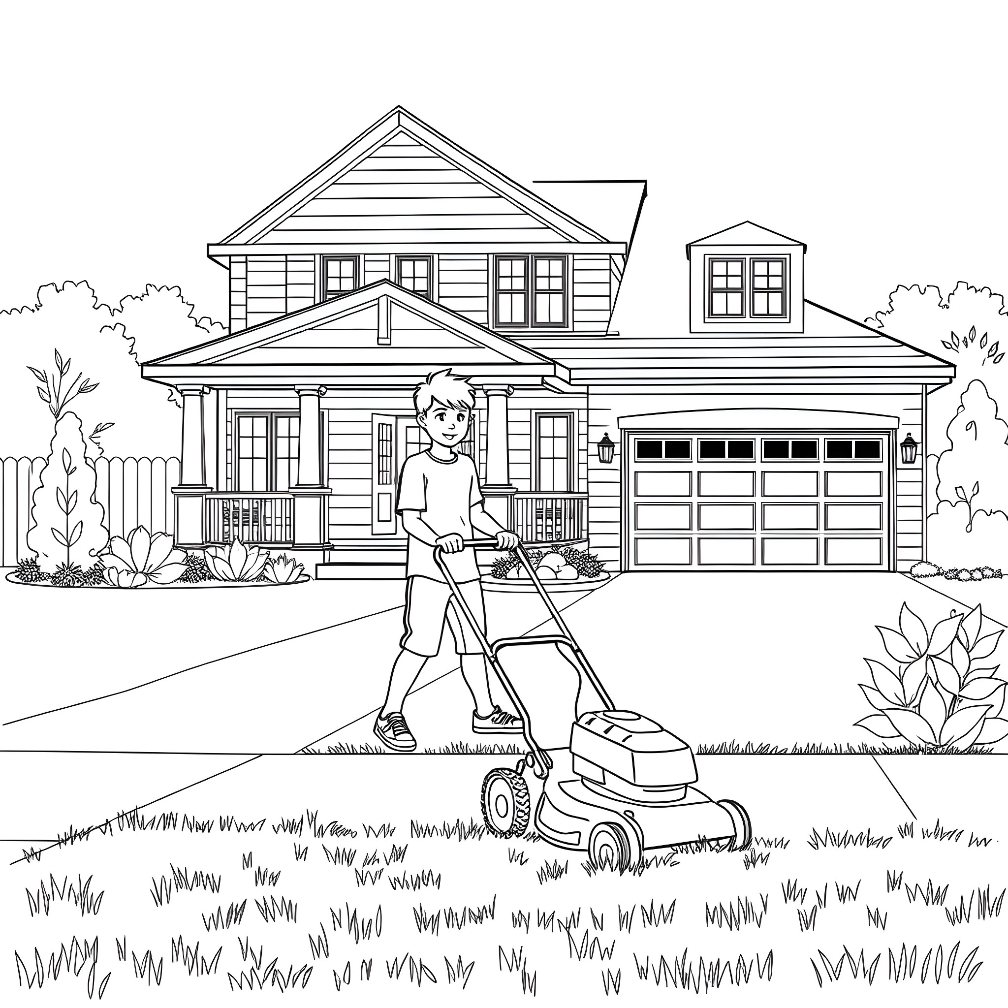 Guy mowing the lawn in front of a house Coloring Page (free black-and-white line drawing printable PDF for all, from beginners to advanced learners, including children, teens, adults, and seniors)